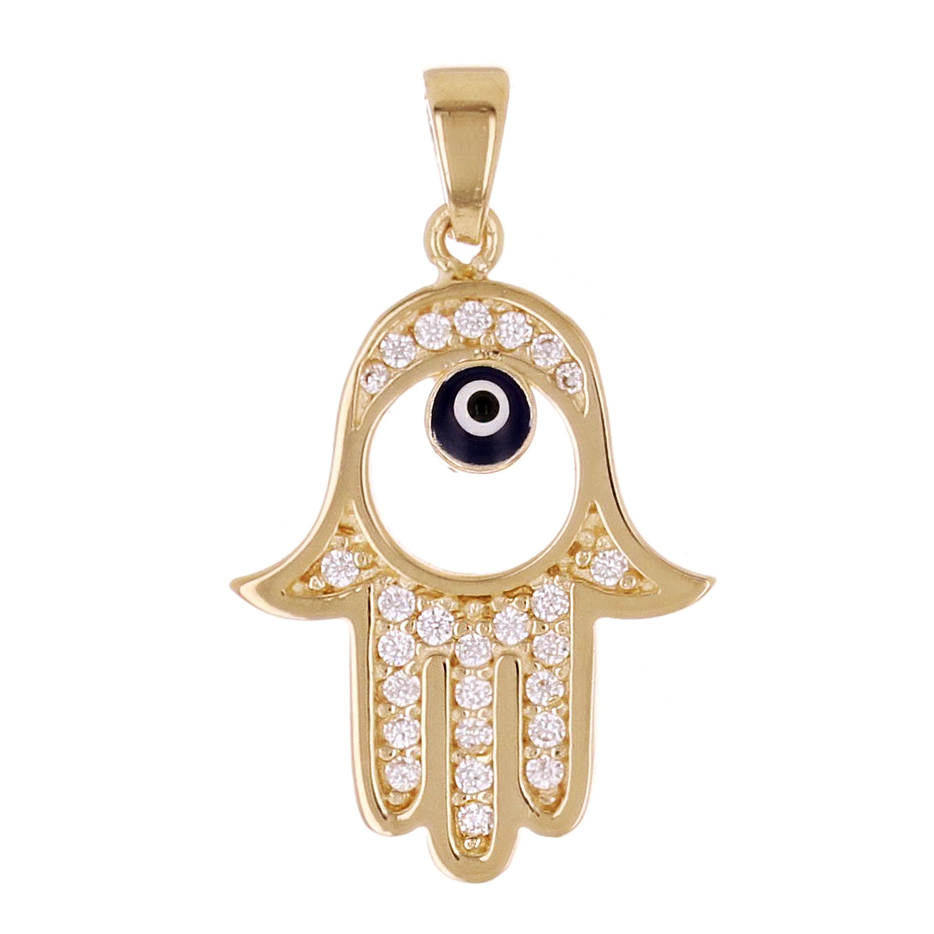 Italian 14k Yellow Gold Enamel Hamsa Hand Pendant with CZ 1.5g - Small