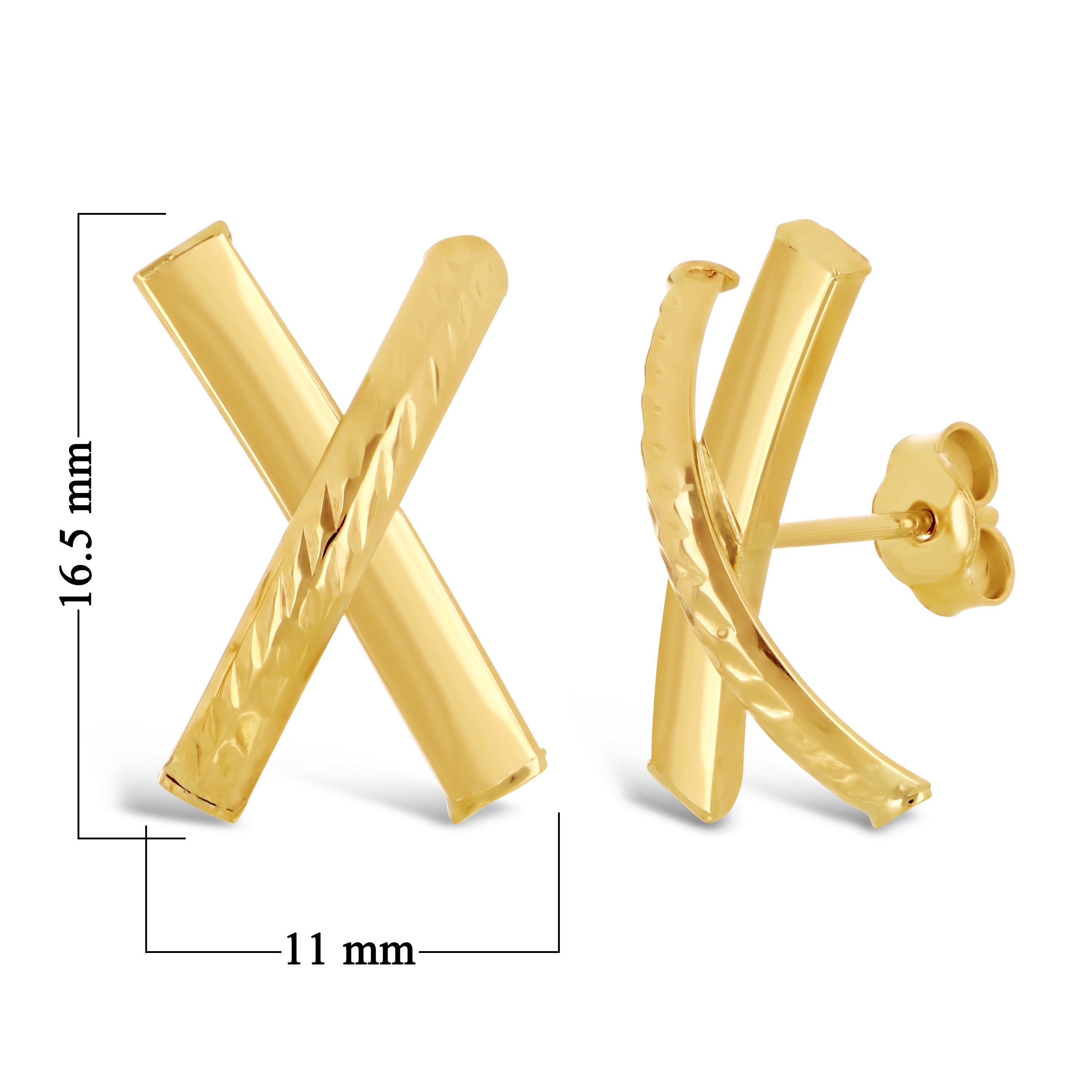 Italian 14k Yellow Gold Diamond Cut Medium X-Shape Hugs Love Bar Stud Earrings - Medium