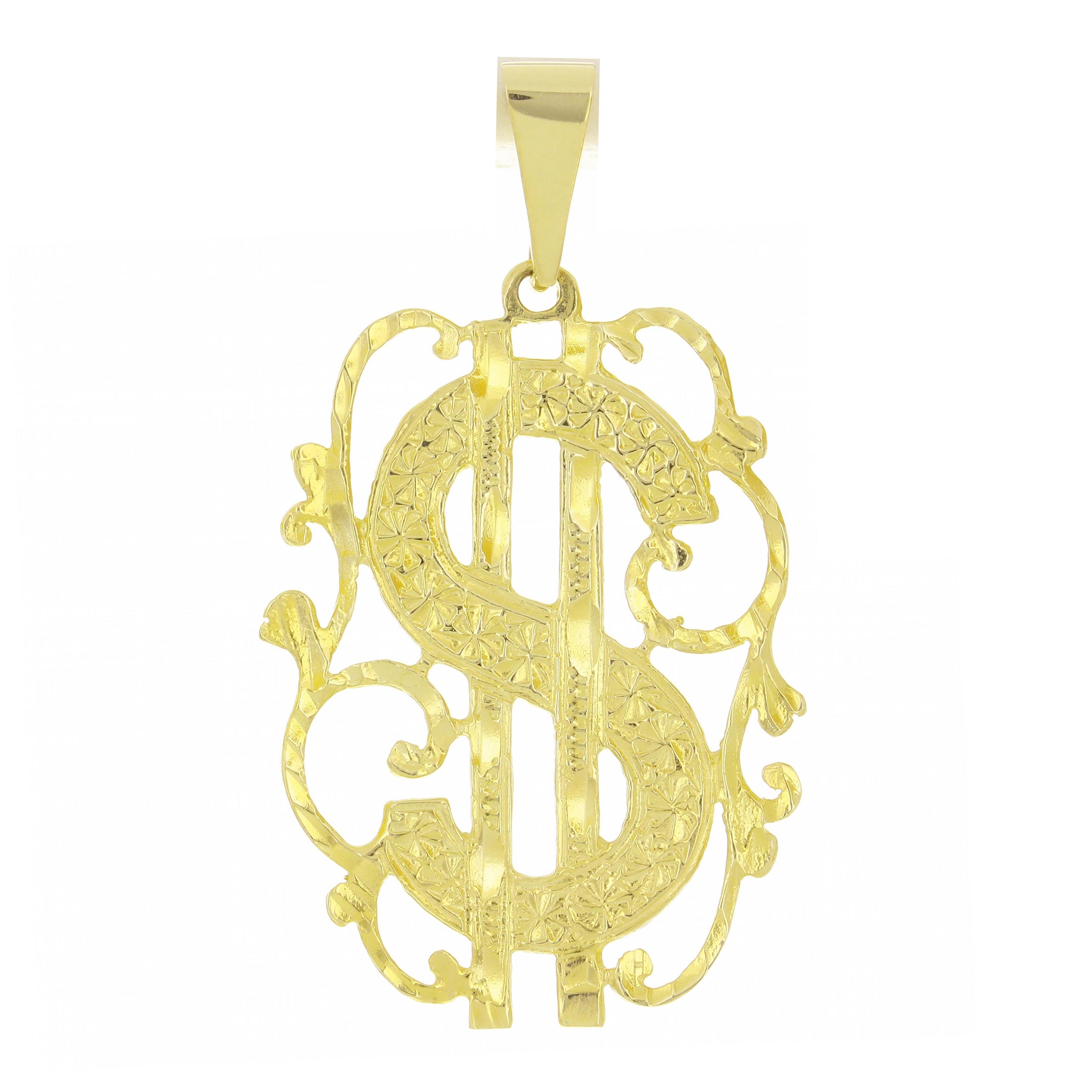 14k Yellow Gold Solid Money $ Dollar Sign Charm Pendant 1.75" 4.6 grams - Yellow