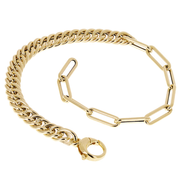 Italian 14k Yellow Gold Hollow Cuban & Paper Clip Chain Bracelet 7.5