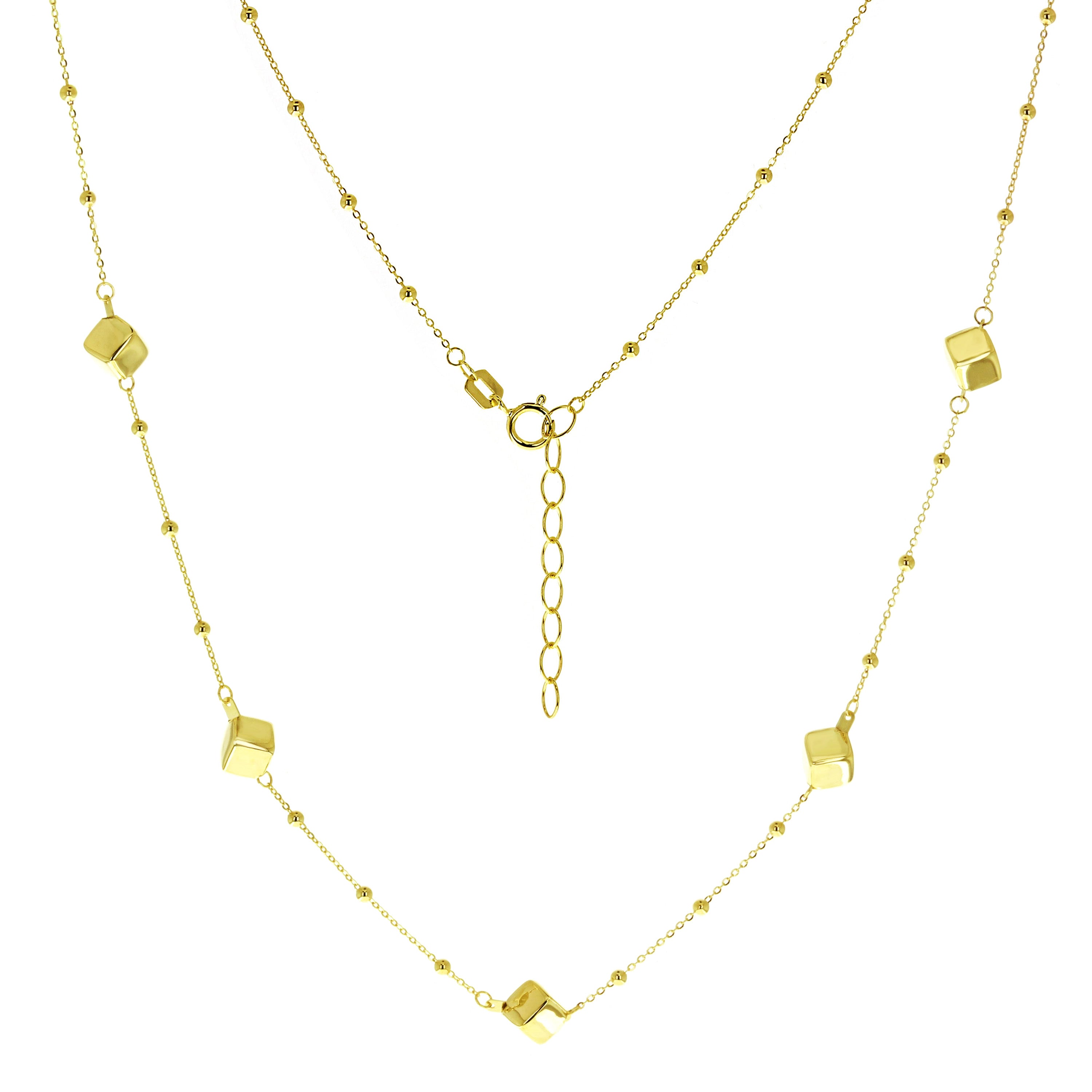 Italian 14k Yellow Gold Square & Ball Beads Station Necklace 18" 5mm 2.7 grams