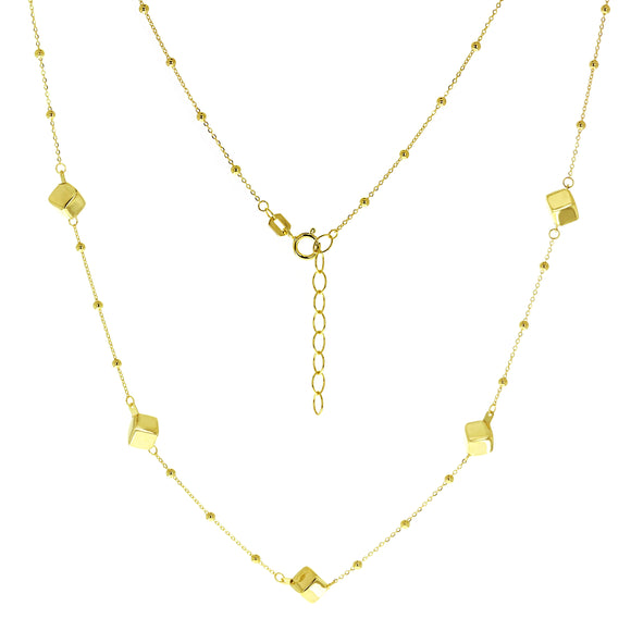 Italian 14k Yellow Gold Square & Ball Beads Station Necklace 18