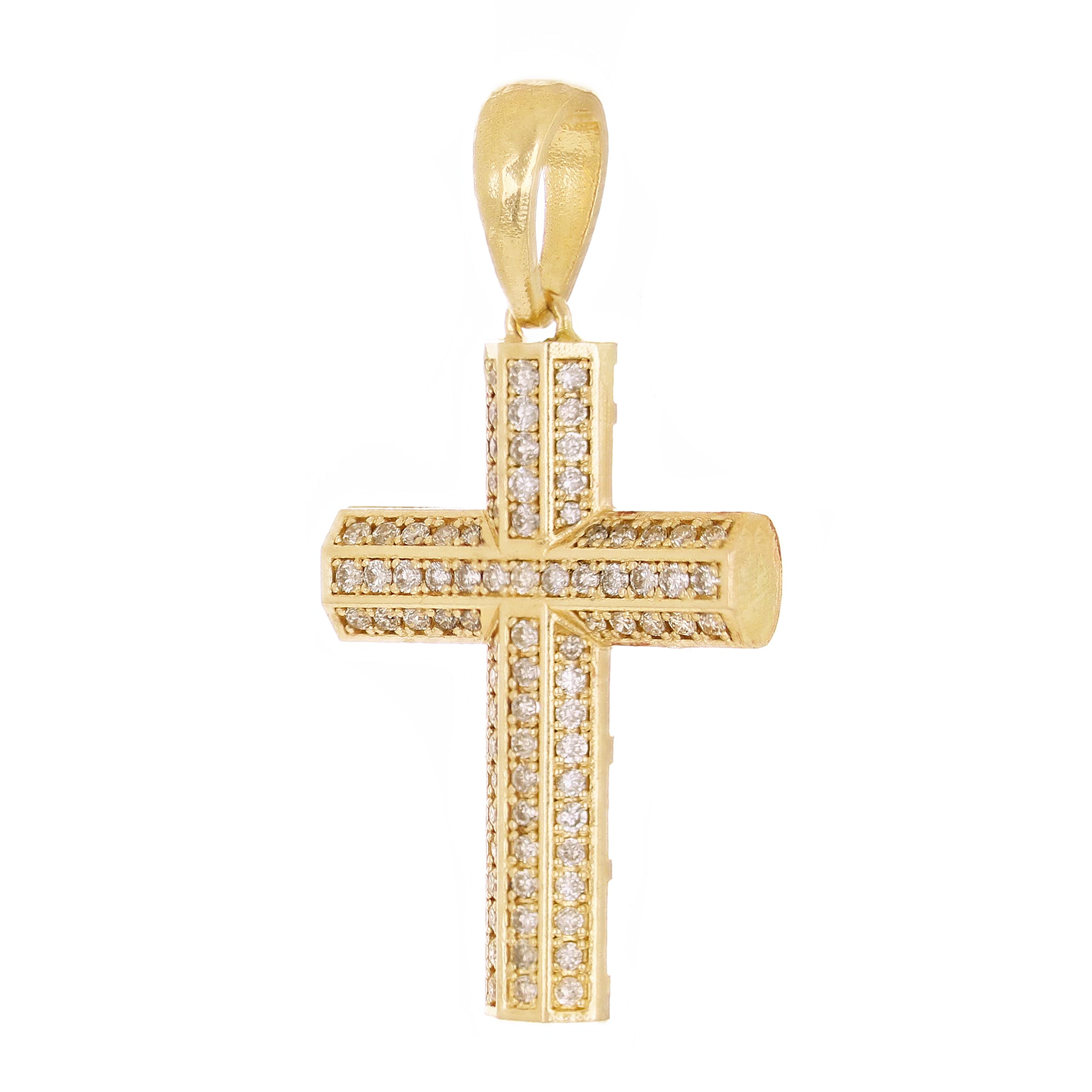 14k Yellow Gold 0.81ctw Diamond 3 Row Cross Pendant 1.5" 4.6 grams