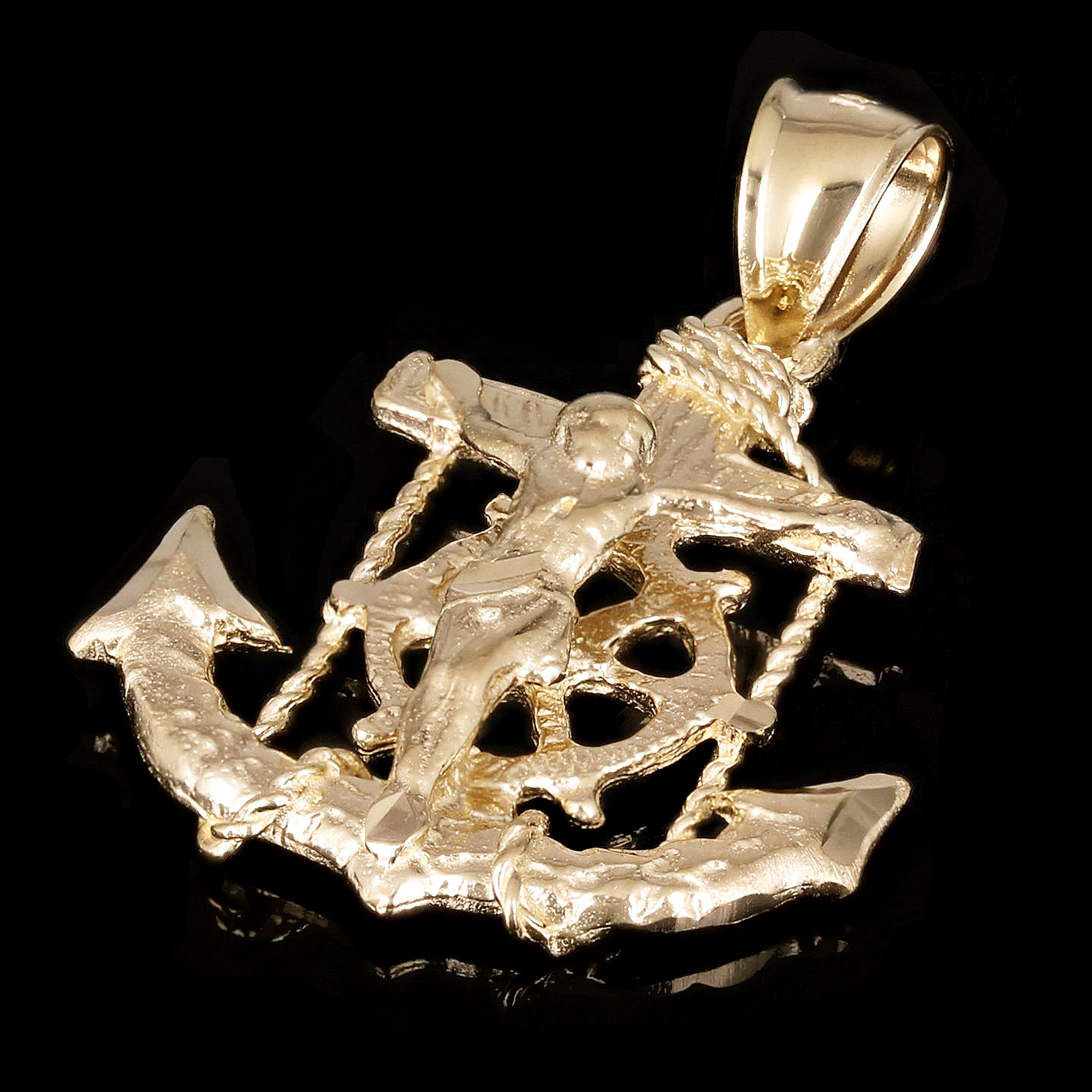 14k Yellow Gold Jesus Christ  Cross Anchor Ship Mariners Pendant 1.2" 3.2 grams