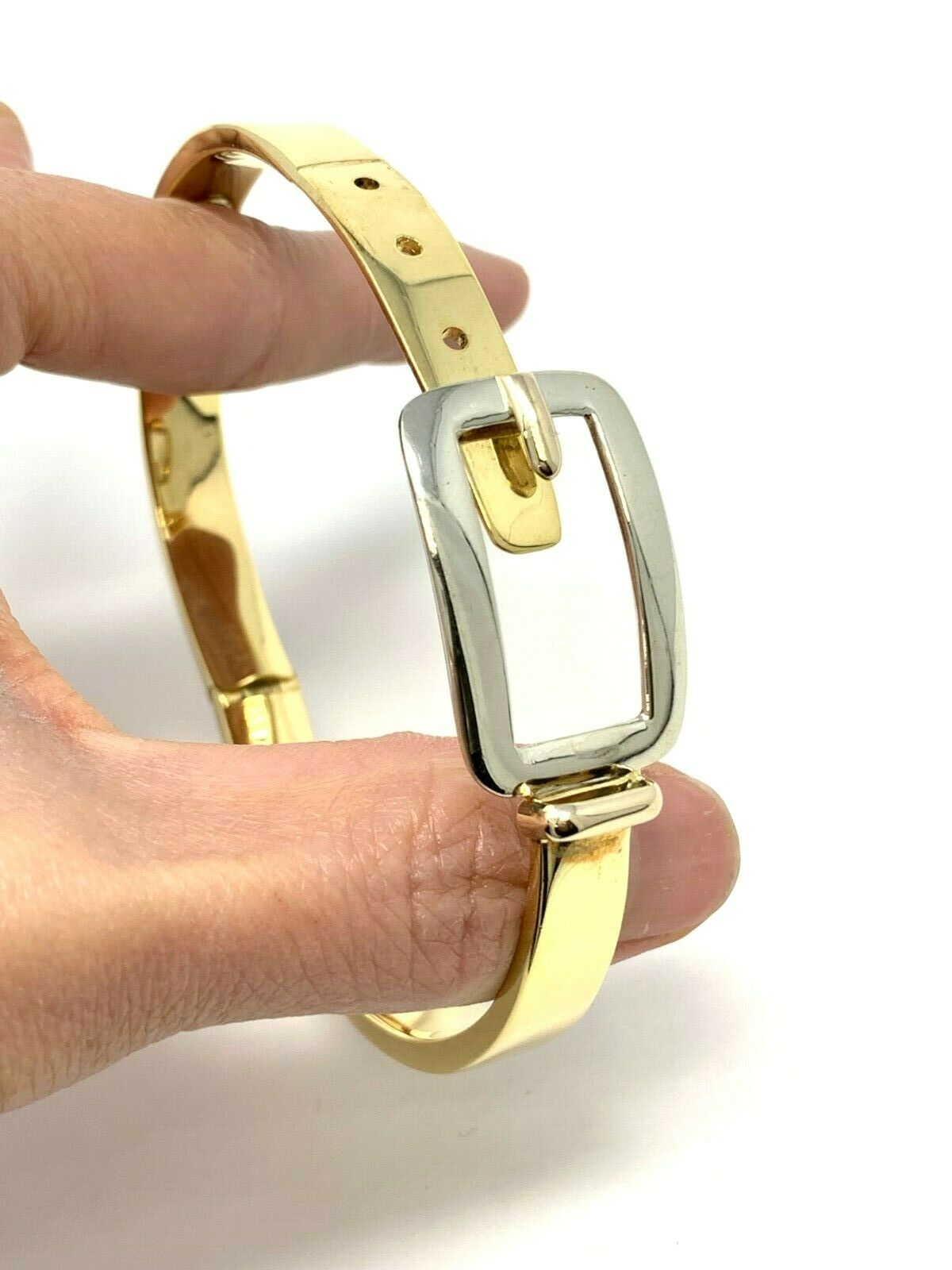 Italian 18k Two Tone Gold Fancy Belt Bangle Bracelet Size 7, 28.7 grams