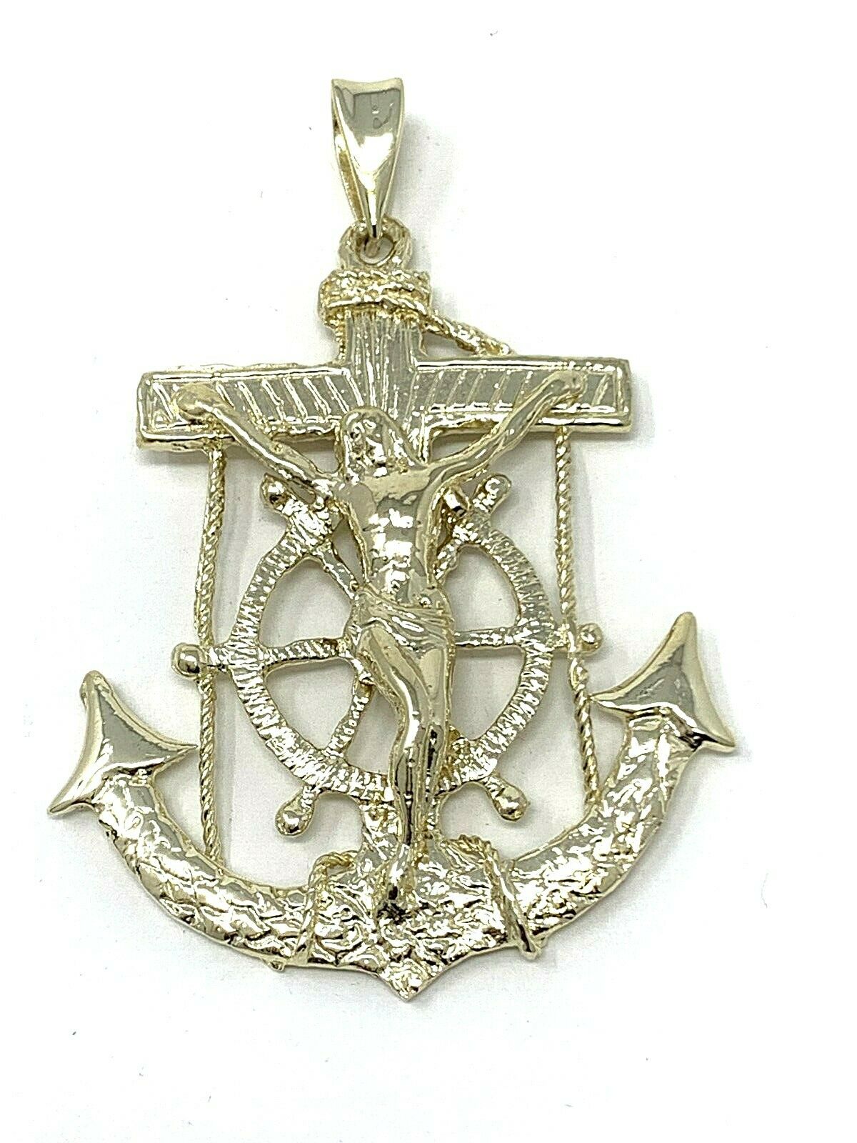 10k Yellow Gold Jesus Crucifix Anchor Wheel Cross Mariner Pendant 2.4" 14 grams