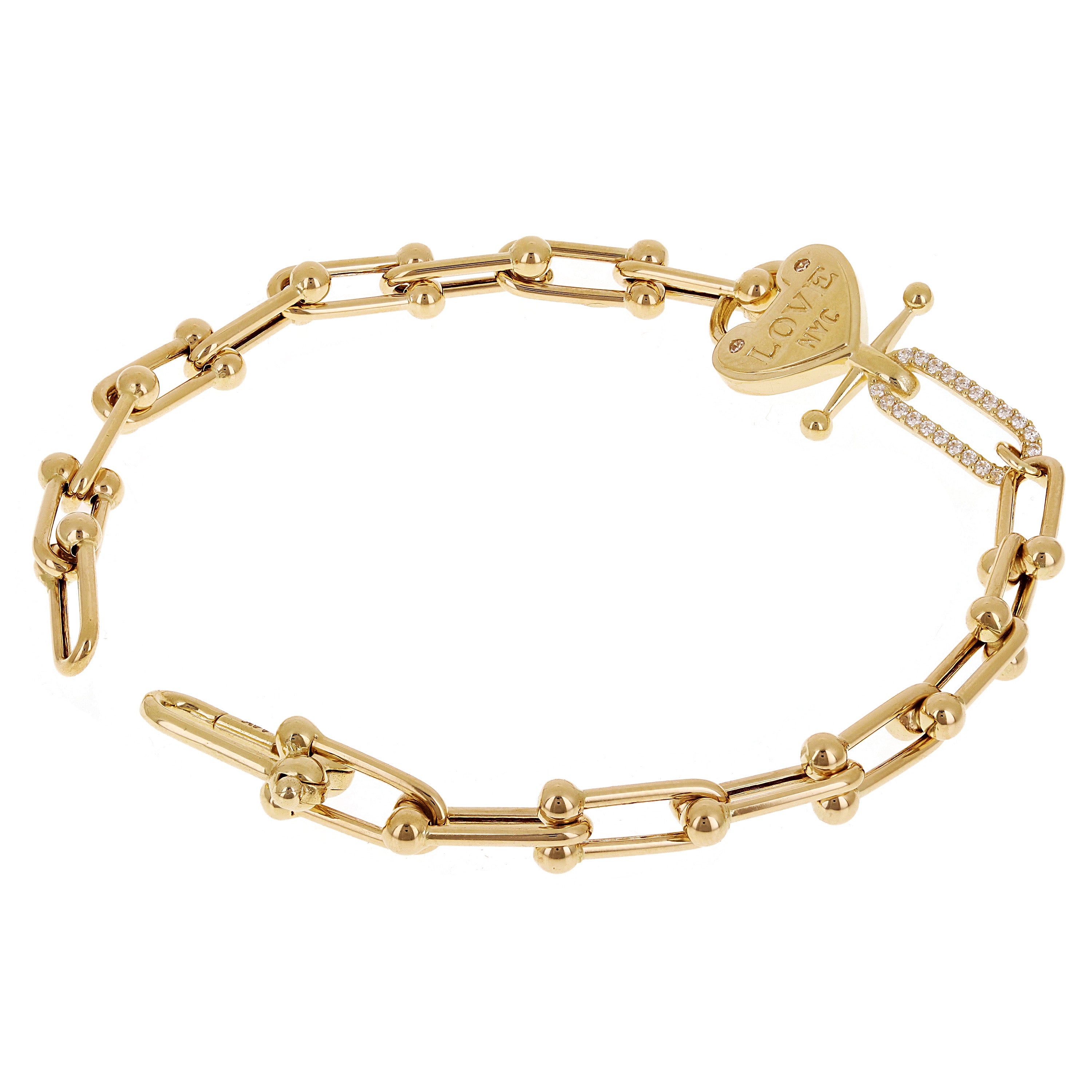 Italian 14k Yellow Gold LOVE Heart & U Shape Hardwear Link Bracelet 7.5" - 7.5" 8.7 grams