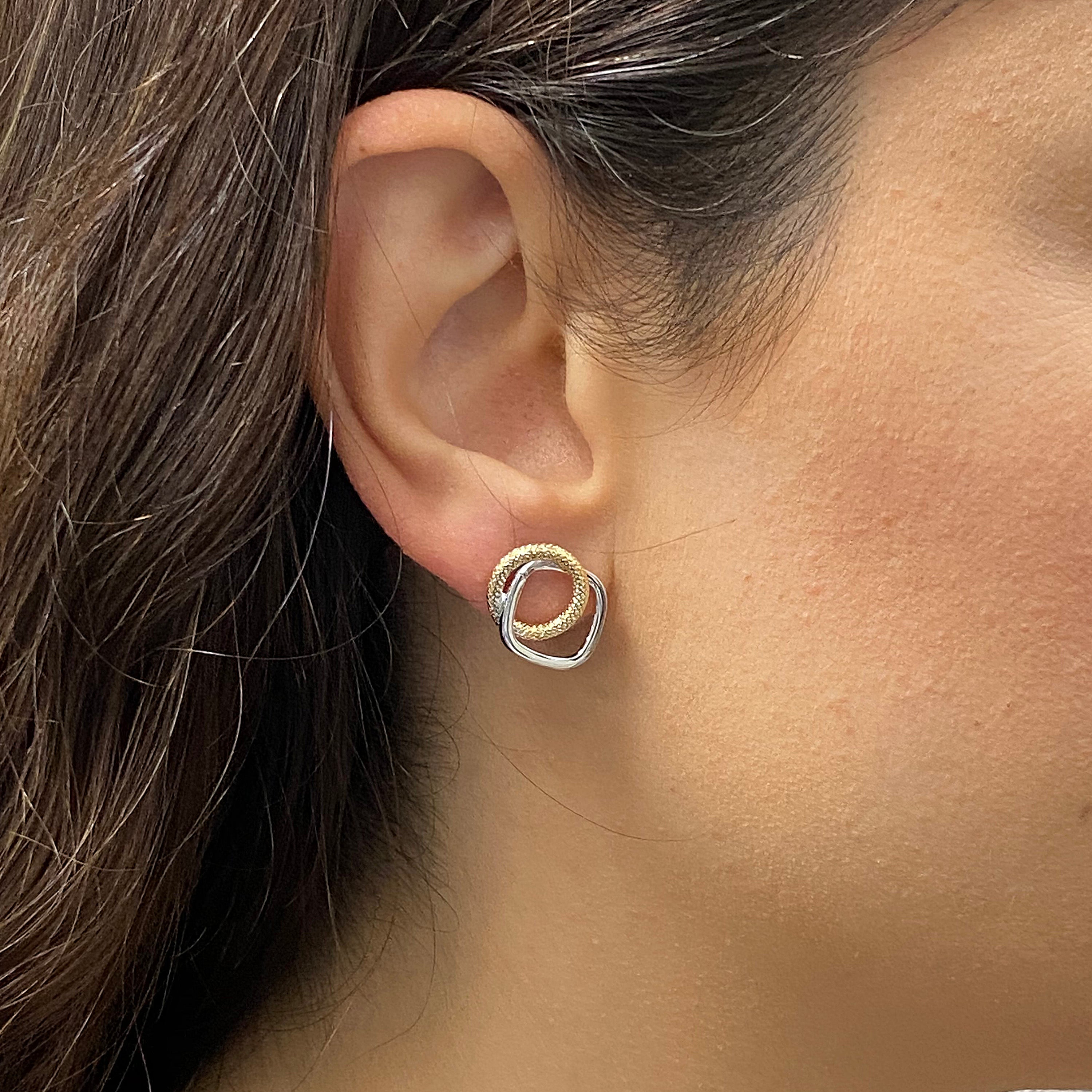 Italian 14k Yellow & White Gold Tube Eternity Circle Square Hoop Stud Earrings - Eternity Tubular