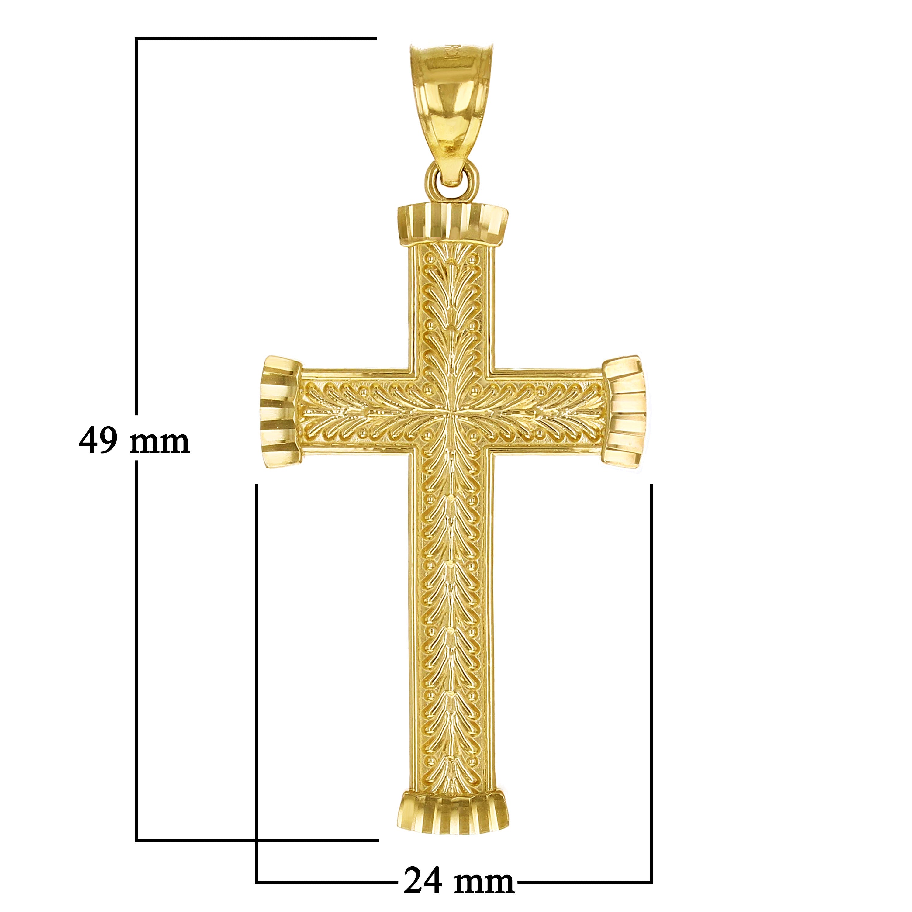 14k Yellow Gold Solid Diamond Cut Leaf Pattern Cross Pendant 1.9" 3.3 grams