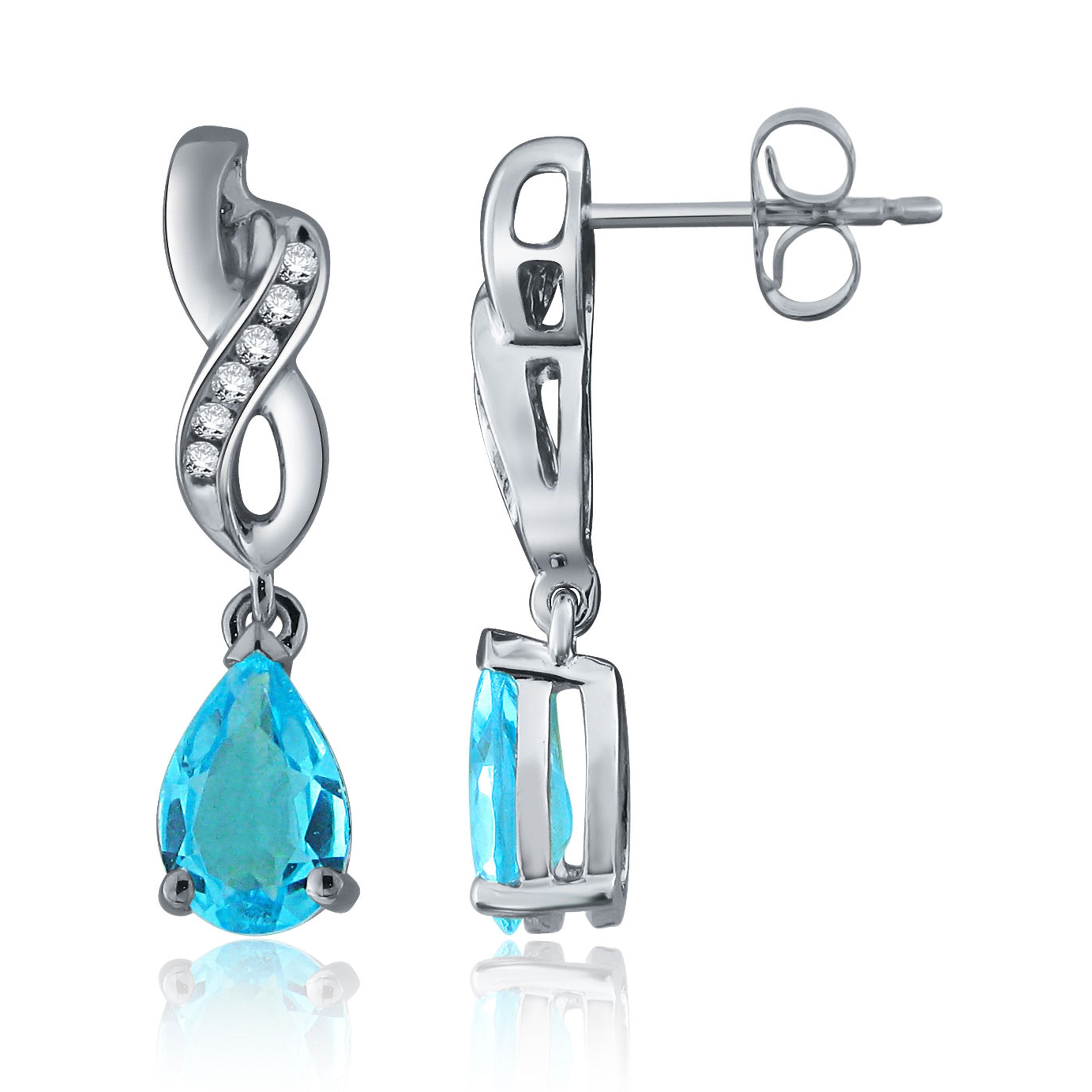 14k White Gold Swiss Blue Topaz & Diamond Accent Twist Drop Earrings