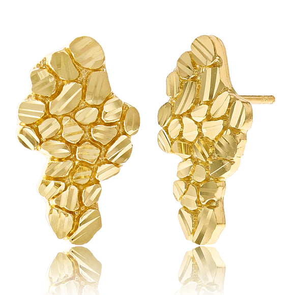 14k Yellow Gold Diamond Cut Nugget Free Form Earrings 18mm x 10.7mm 2.4 grams