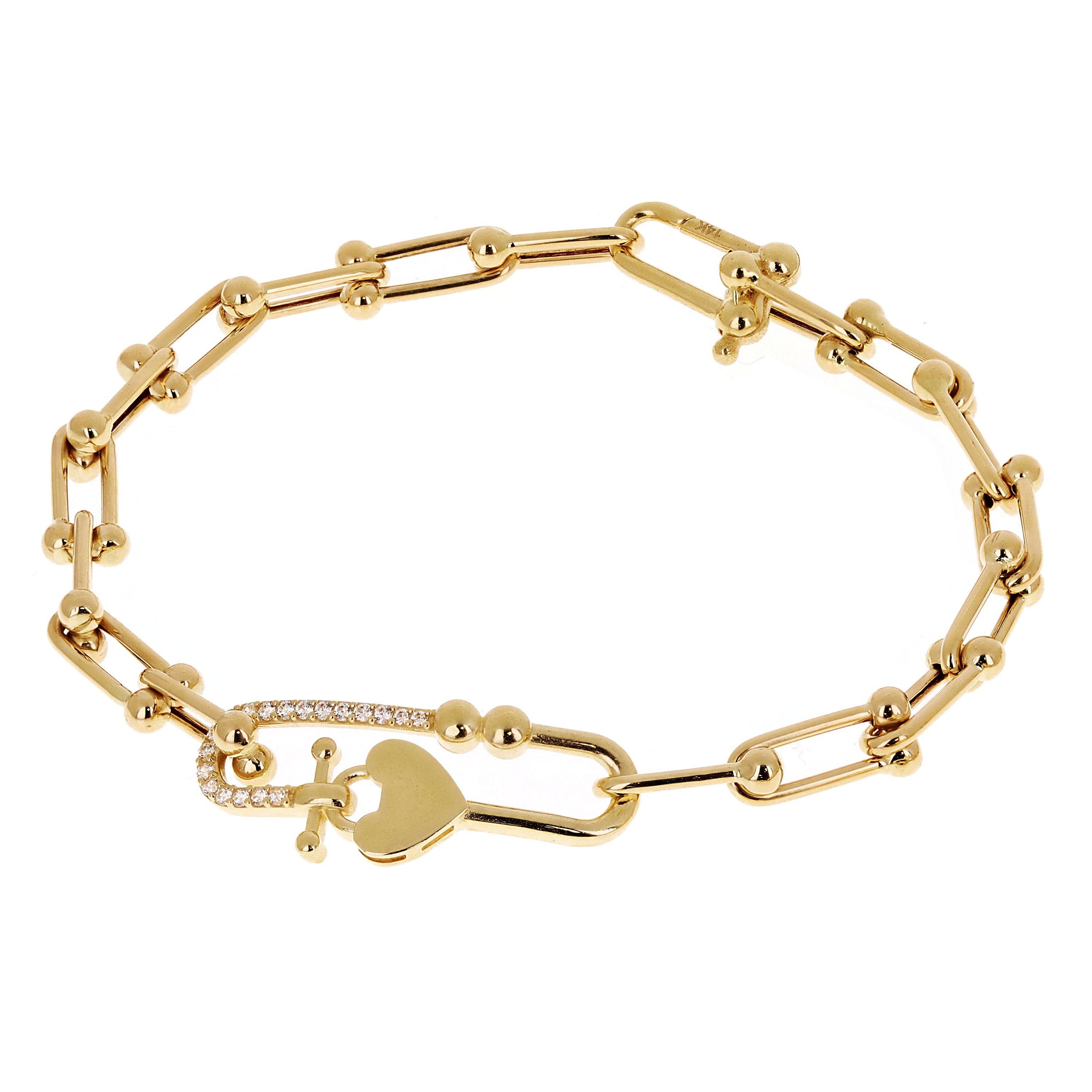 Italian 14k Yellow Gold Heart & U Shape Hardwear Link Bracelet with CZ 7.5" - 7.5" 7.7 grams