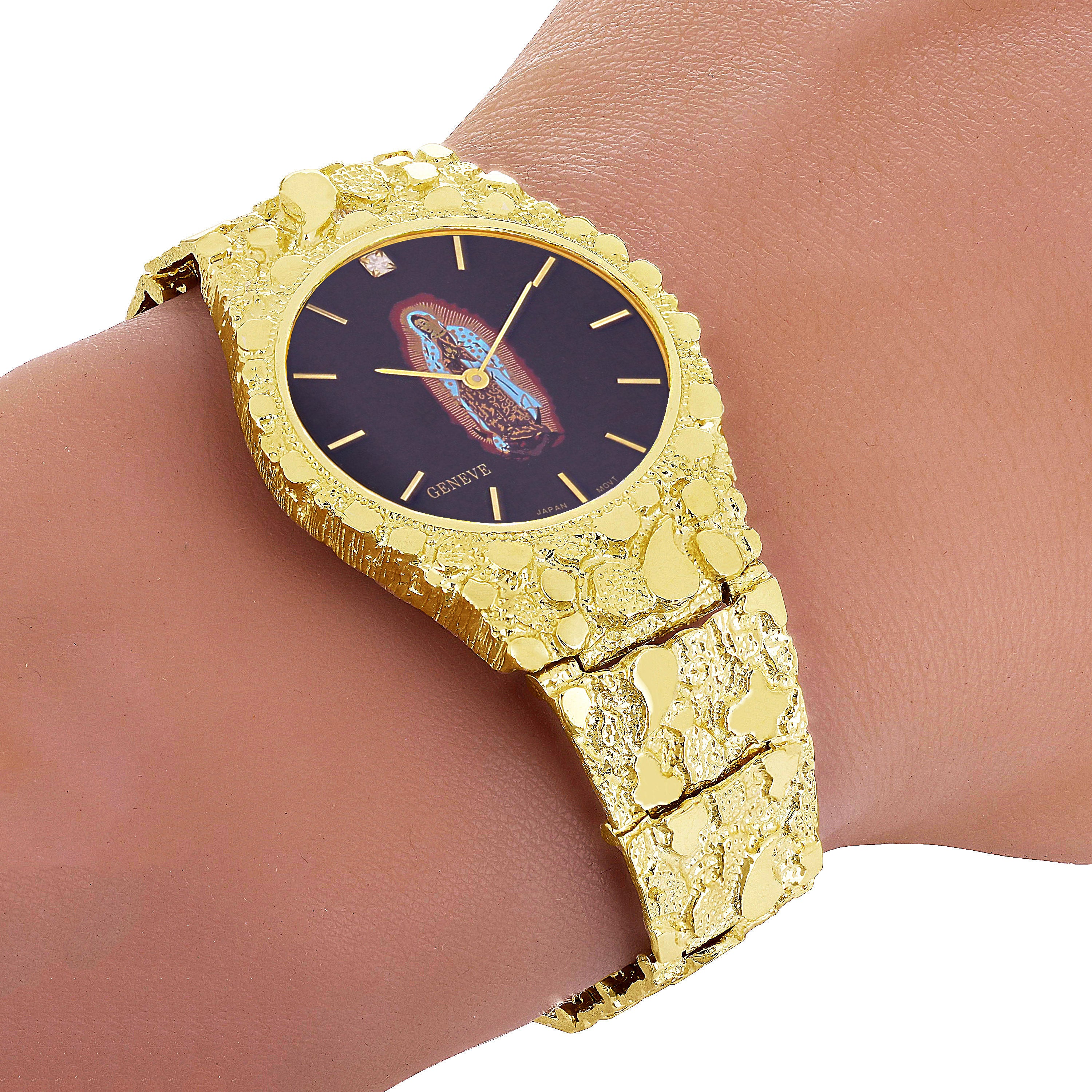 14k Yellow Gold Lady of Guadalupe Geneve Diamond Watch Nugget Band 7-7.5" 53 grams - 7.5" 53 grams