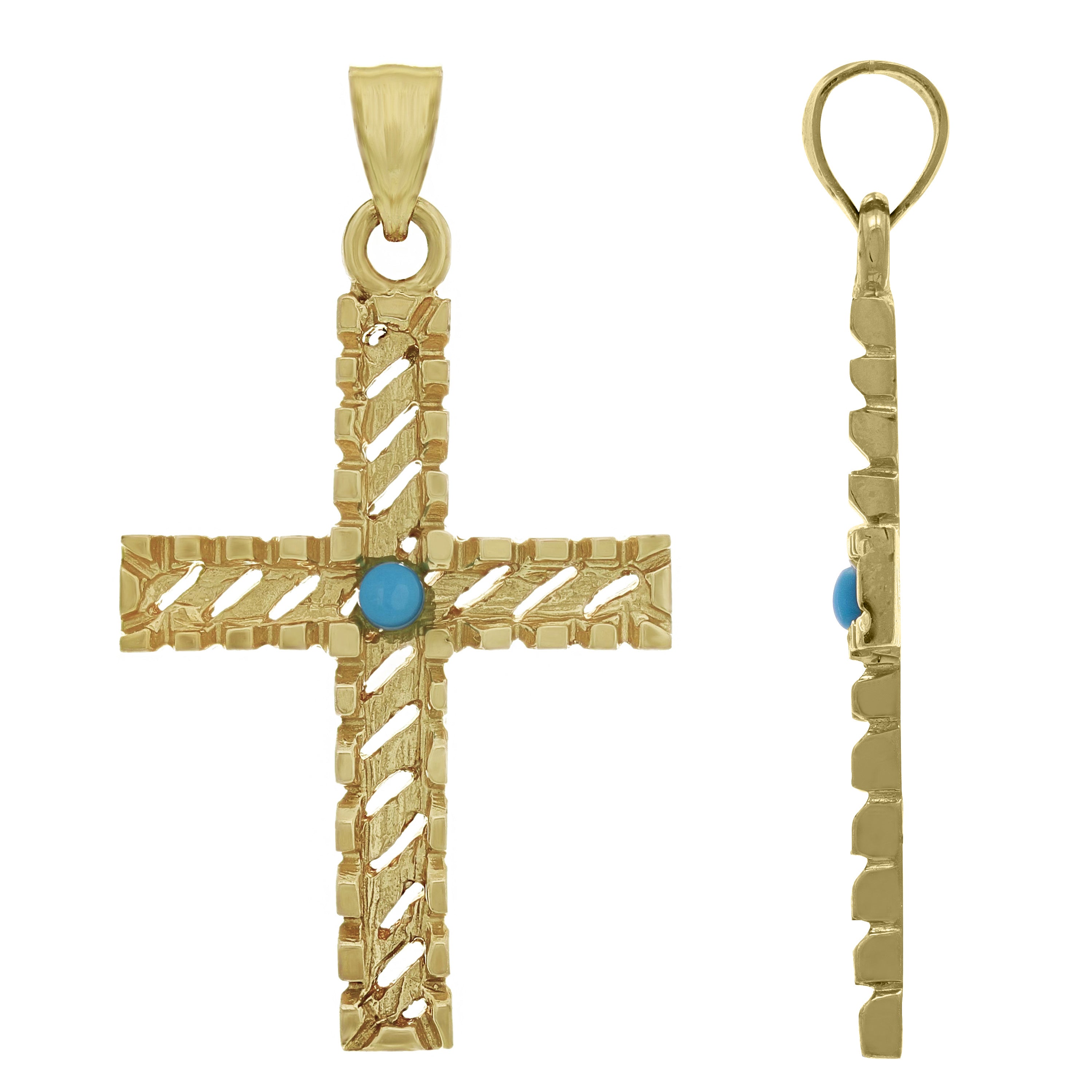 14k Yellow Gold Turquoise Diamond Cut Cross Charm Pendant 1.45" 3.3 grams - Yellow
