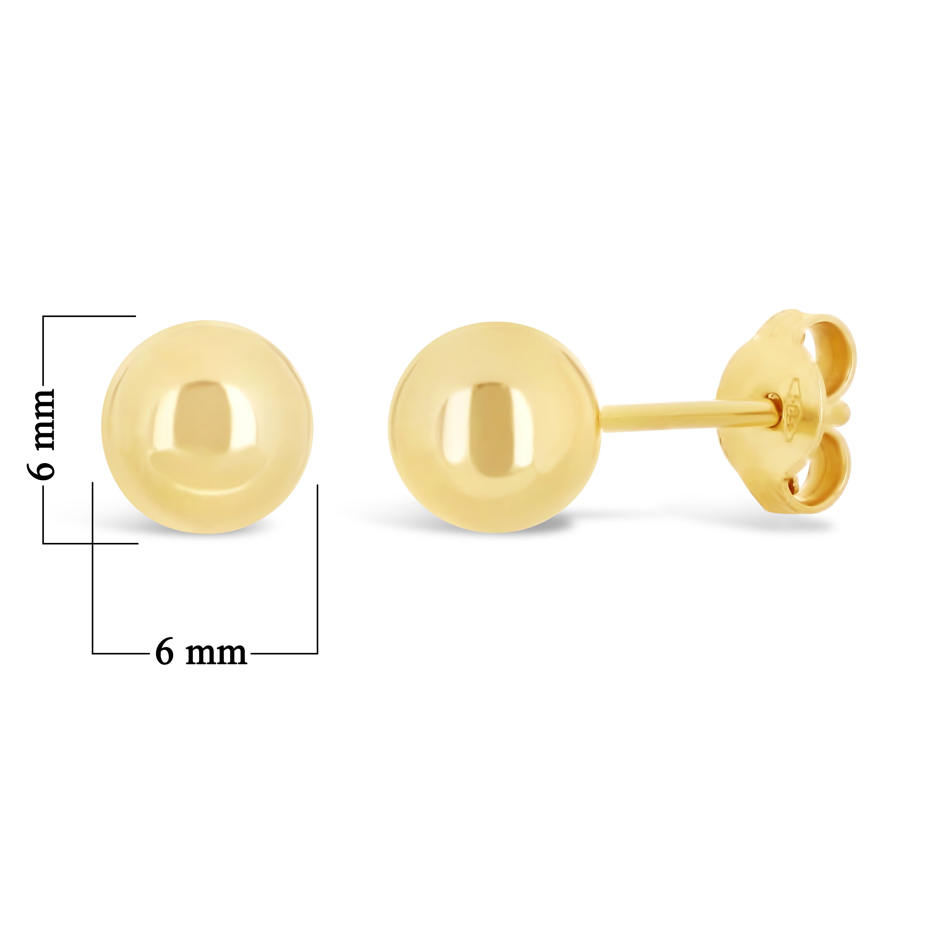 Italian 14k Yellow Gold High Shine Classic Round Bead Ball Stud Earrings 6mm - 6 mm