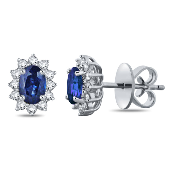 14k White Gold Oval Sapphire & 3/8 ctw Diamond Aura Halo Basket Set Stud Earrings