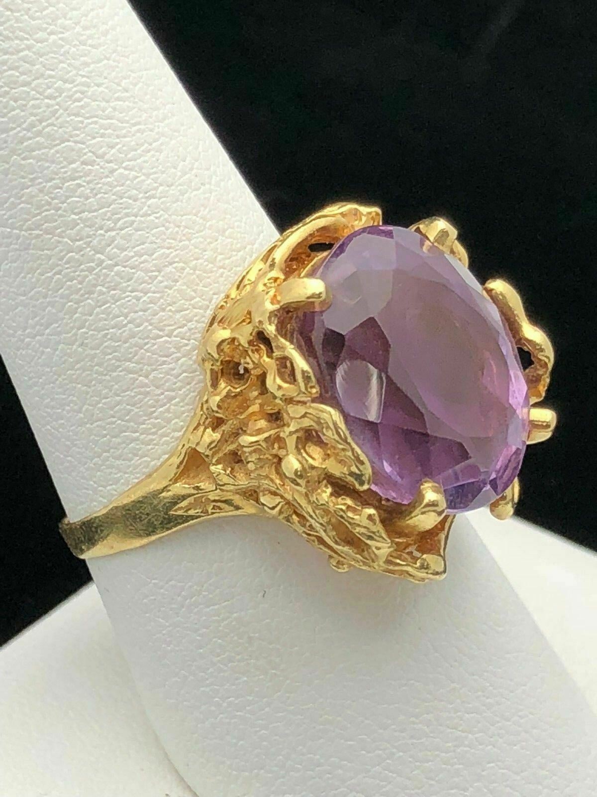 18k Yellow Gold Antique Vintage Oval Amethyst Pendant Necklace & Ring Set