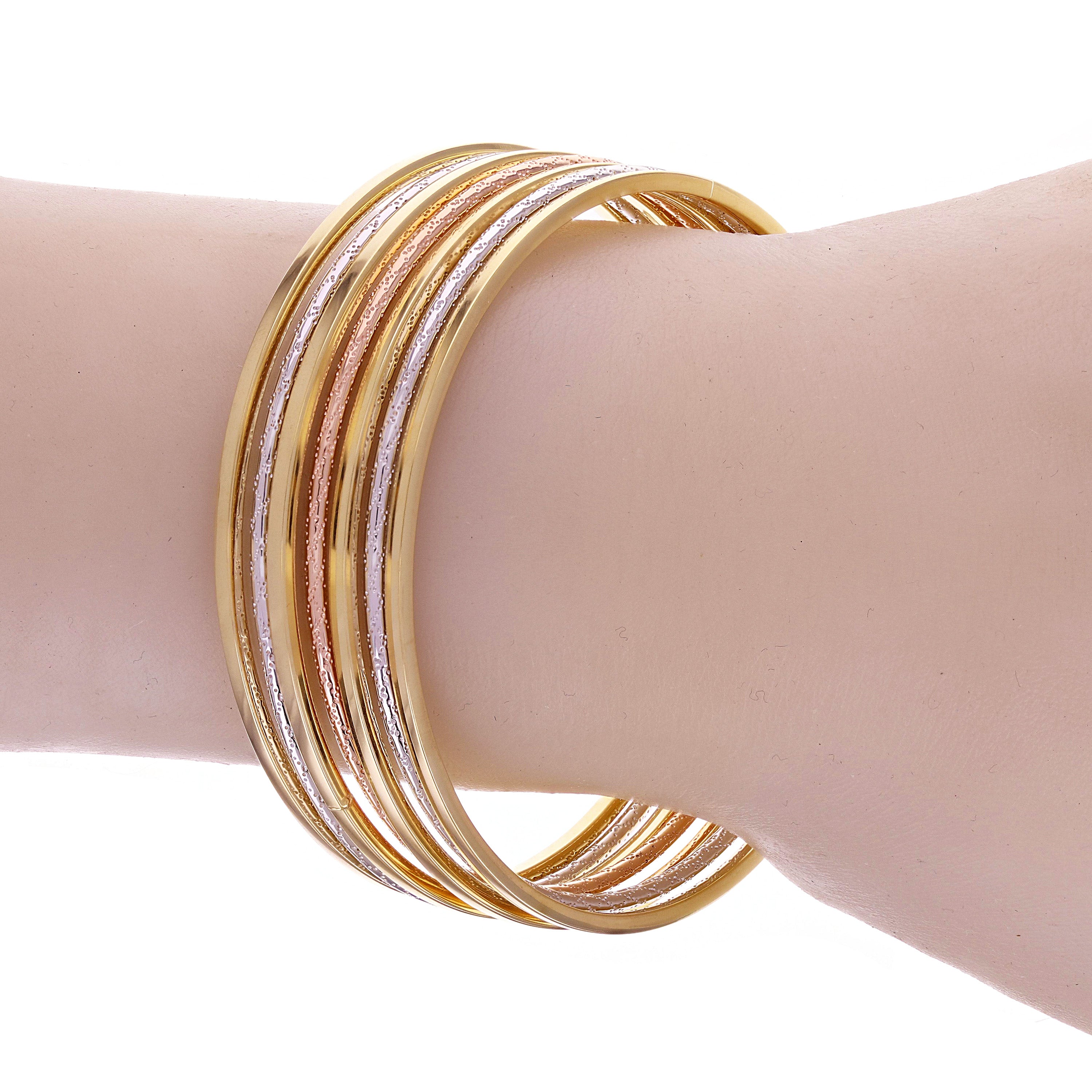 Italian 14k Tri-Color Gold Square Plain & Textured 7 Days Bangle Bracelet Set 8"