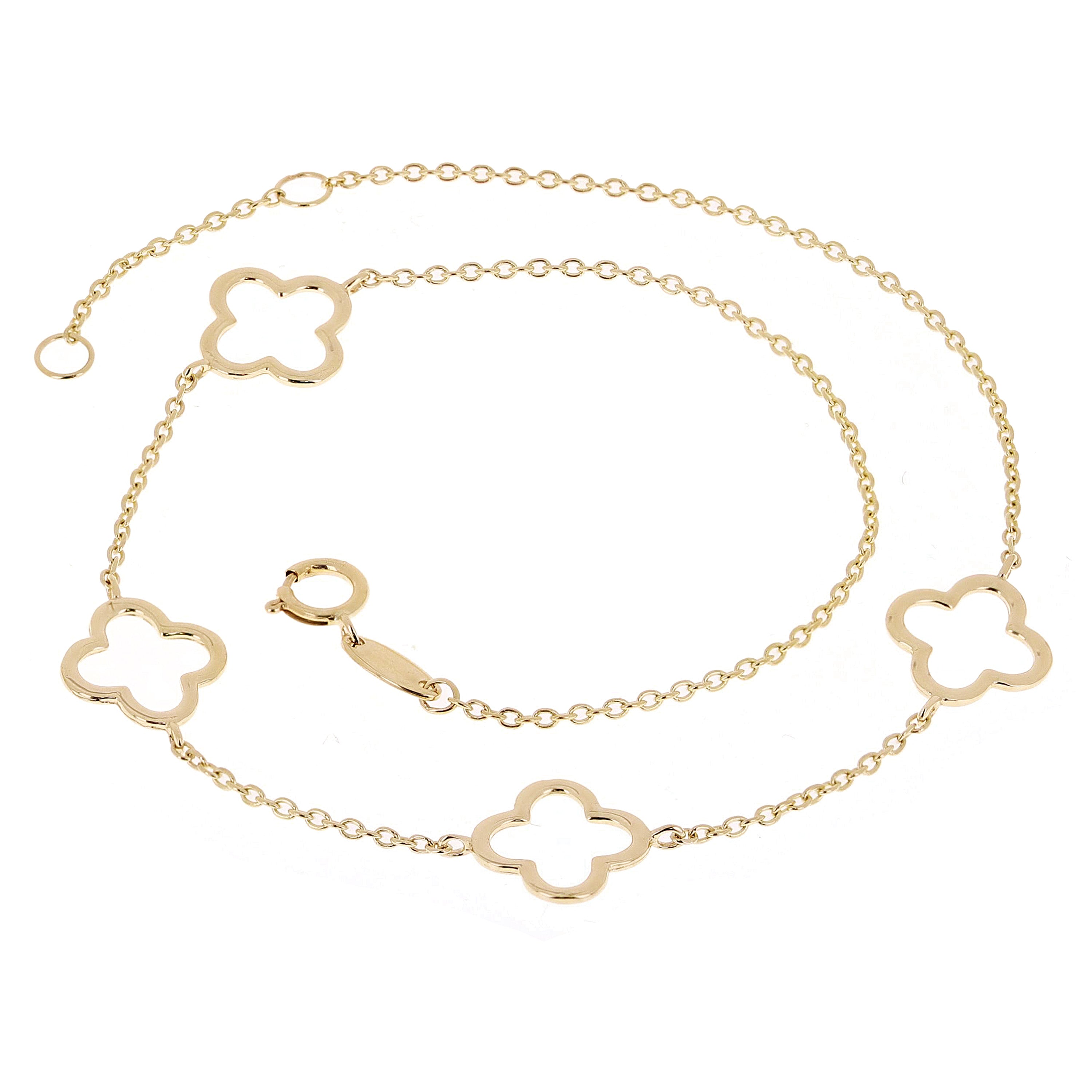 Italian 14k Yellow Gold Four Leaf Clover Anklet Bracelet 10" 1.7 grams