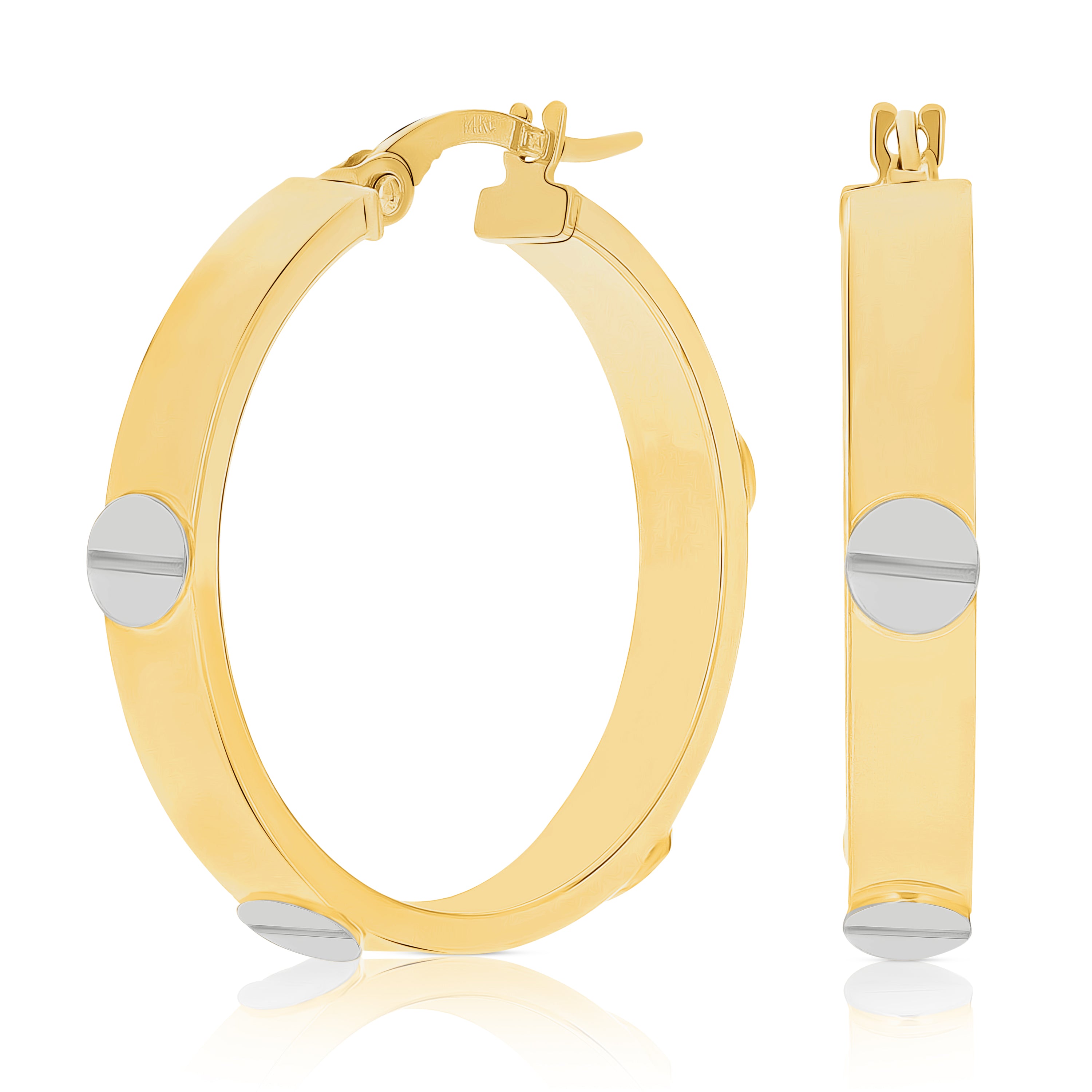 Italian 14k Yellow & White Gold Love Screw Design Small Hollow Hoop Earrings 1" - Style1 Small