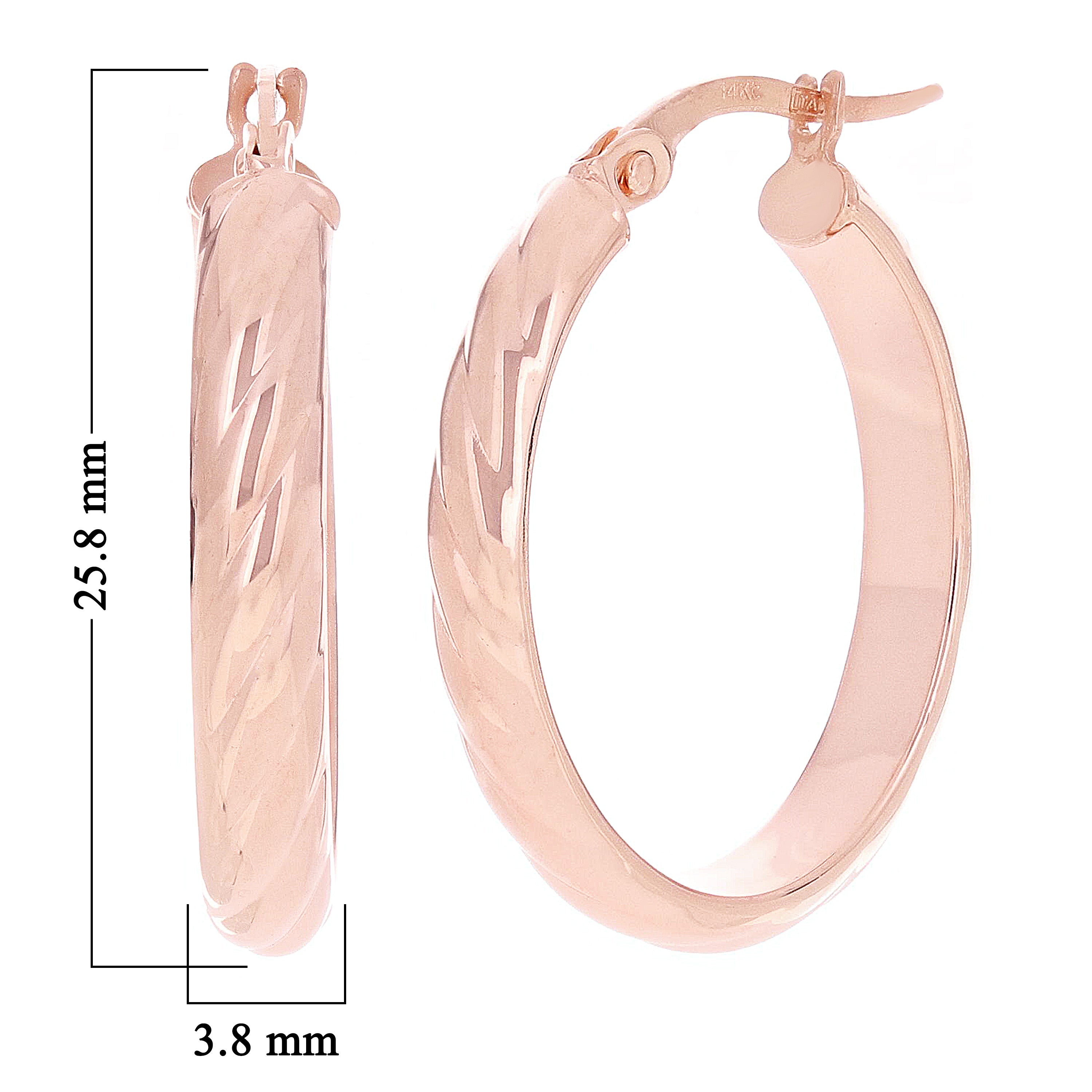 Italian 14k Rose Gold Rope Design Oval Hollow Hoop Earrings 1"