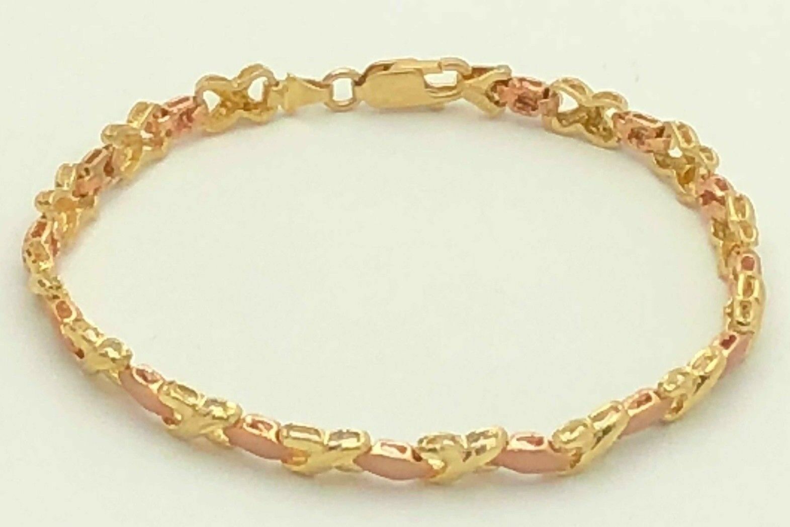 14k Two Tone Gold Satin Finish Hugs & Kisses XOXO Link Bracelet 7.25" 5.4mm 8.5g
