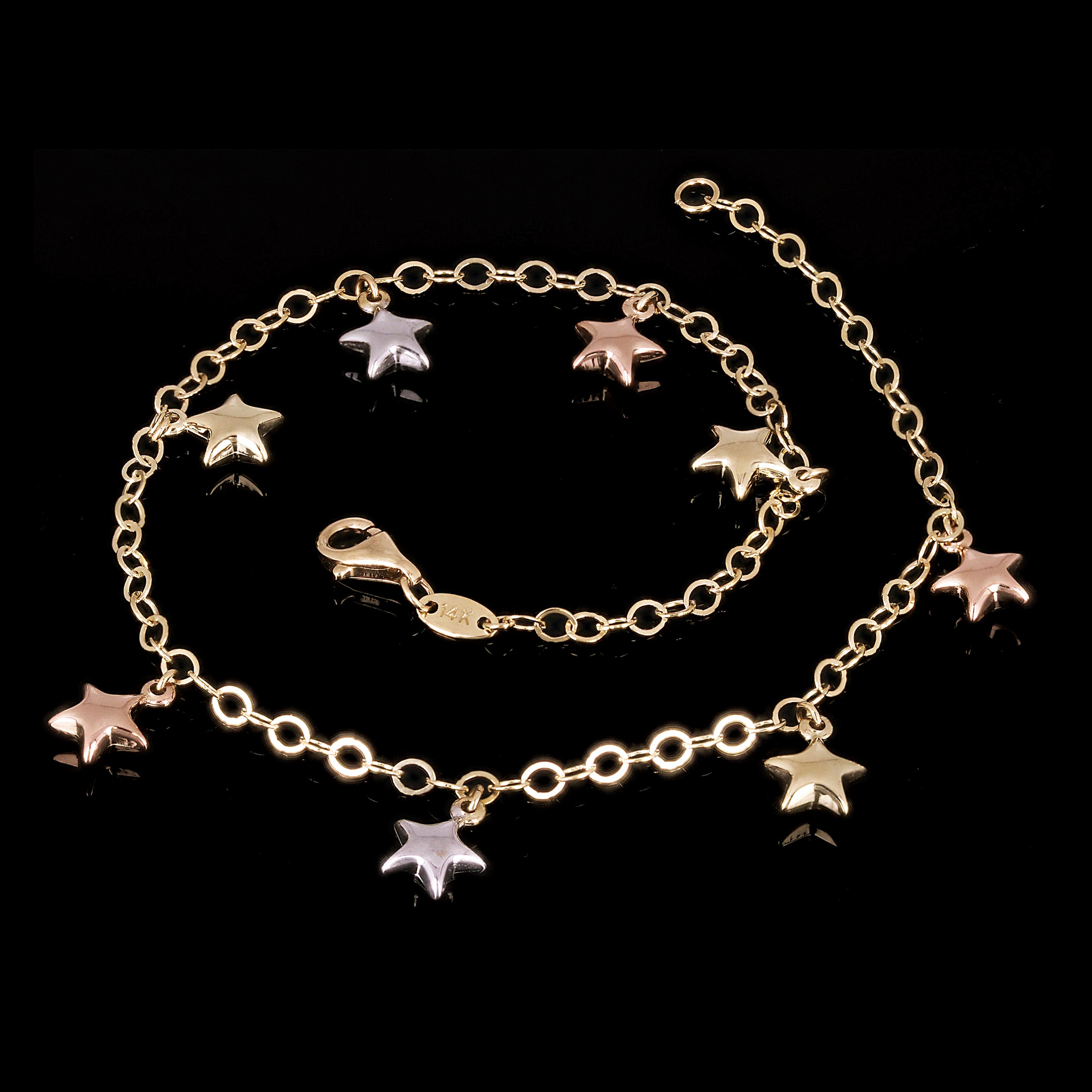 Italian 14k Tri-Color Gold Star Charm Rolo Chain Anklet/Bracelet 10" 3.9 grams