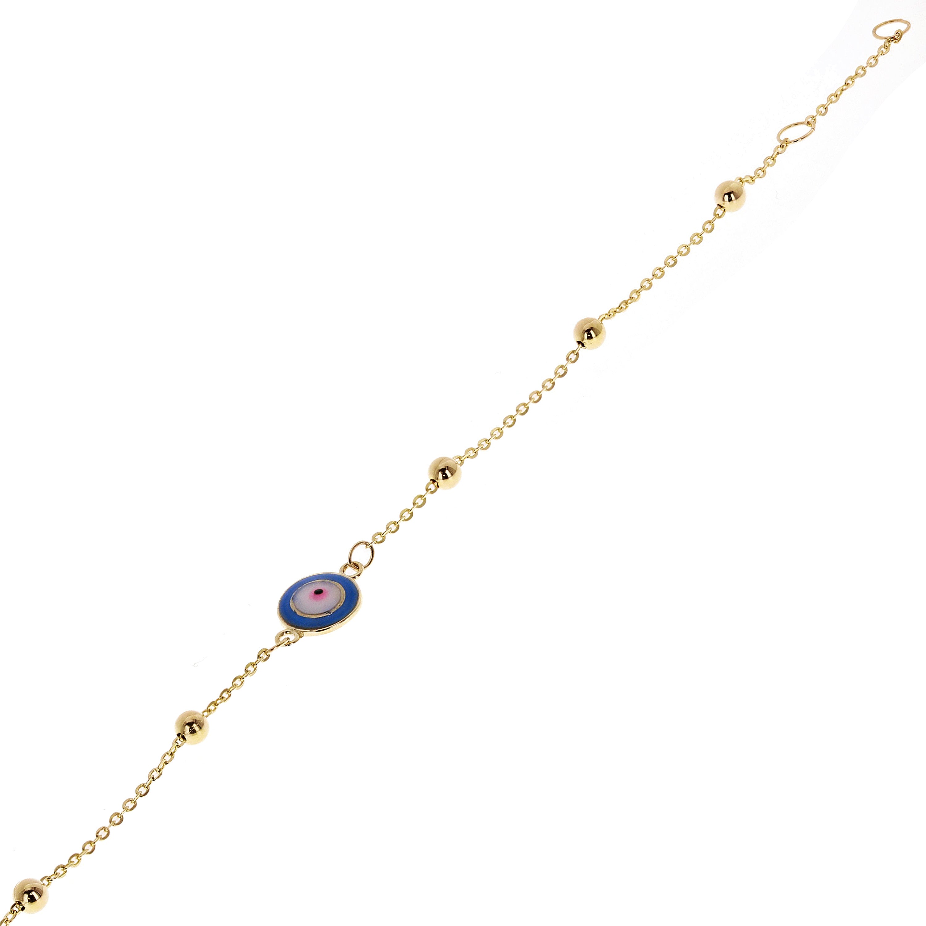 Italian 14k Yellow Gold Enamel Evil Eye Station Bracelet 7.5" 1.8 grams - 1 Light Blue  Eye