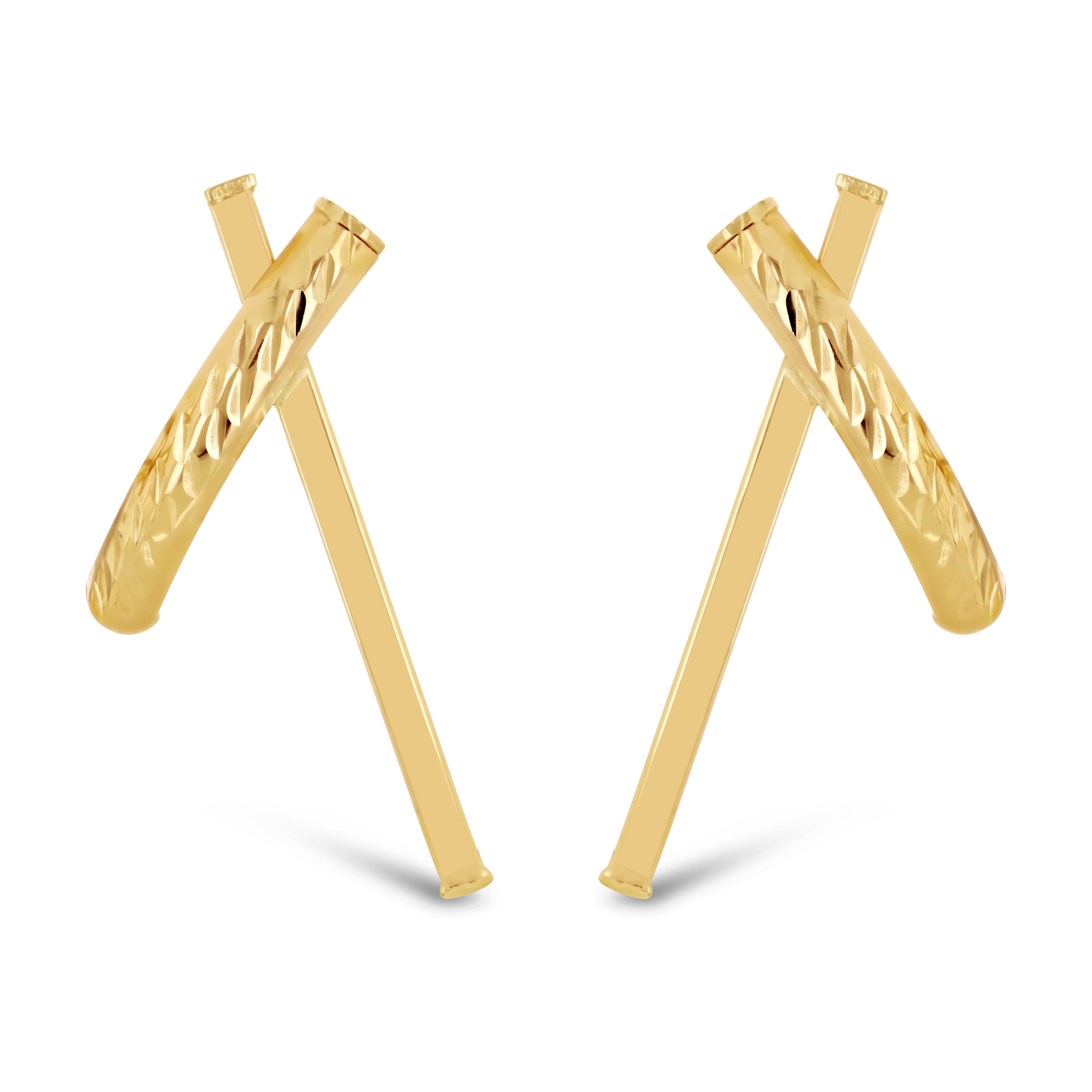 Italian 14k Yellow Gold Diamond Cut Asymmetrical X-Shaped Hugs Stud Earrings - Asymmetric