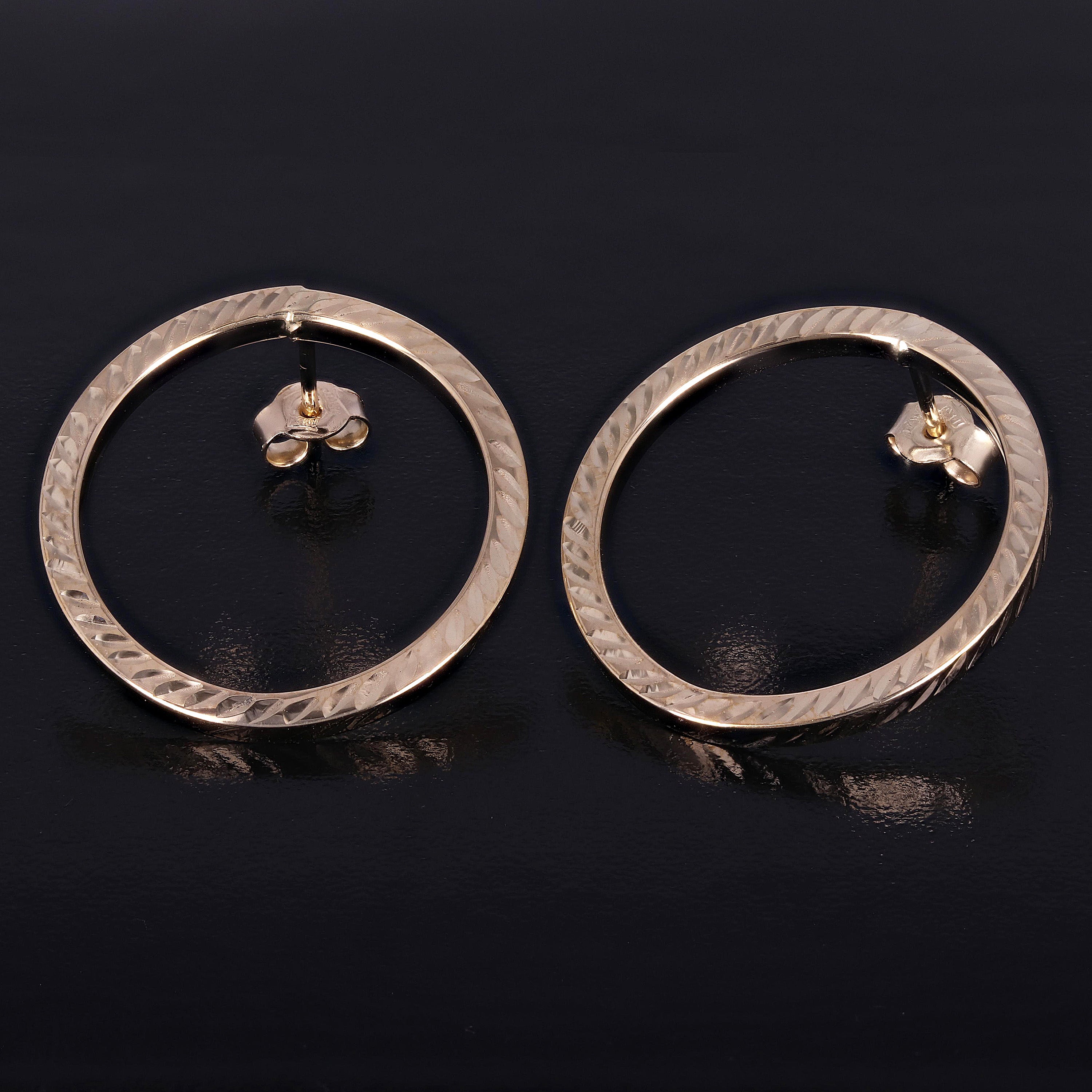 Italian 14k Yellow Gold Slim Diamond-Cut Eternity Circle Drop Hoop Stud Earrings - Shiny Yellow