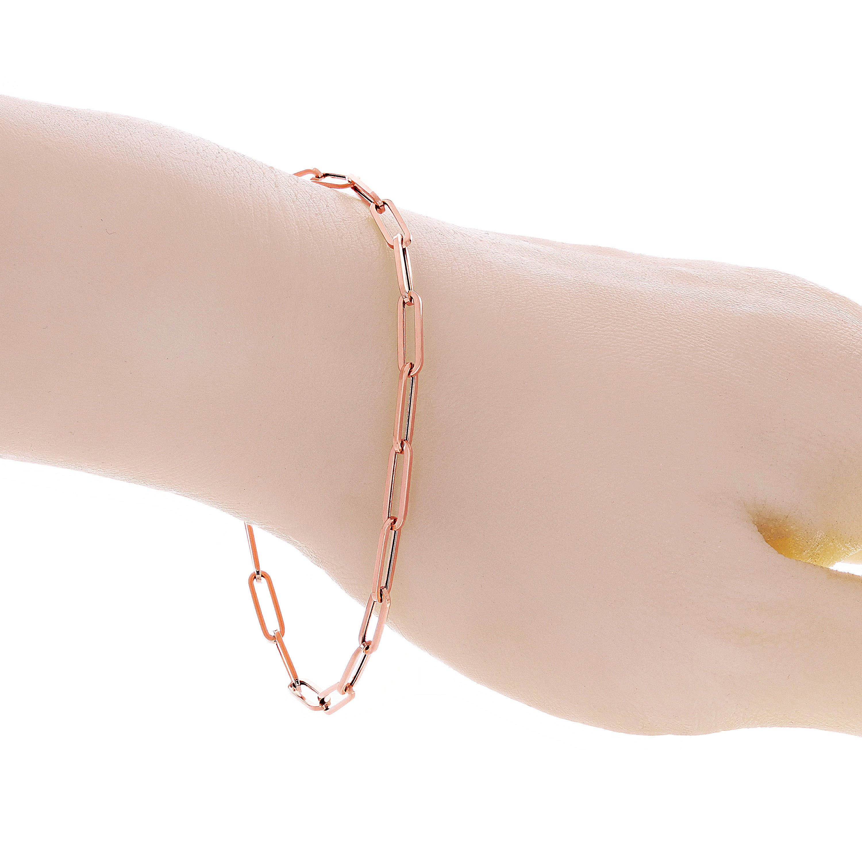 Italian 14k Rose Gold Hollow Paper Clip Links Bracelet 8" 3.1mm 1.6 grams - Rose,8"