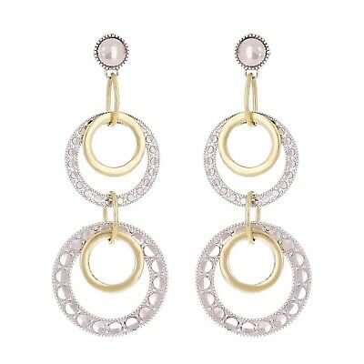 14k Two Tone Gold Round Drop Dangling Earrings 2" 6.2 grams