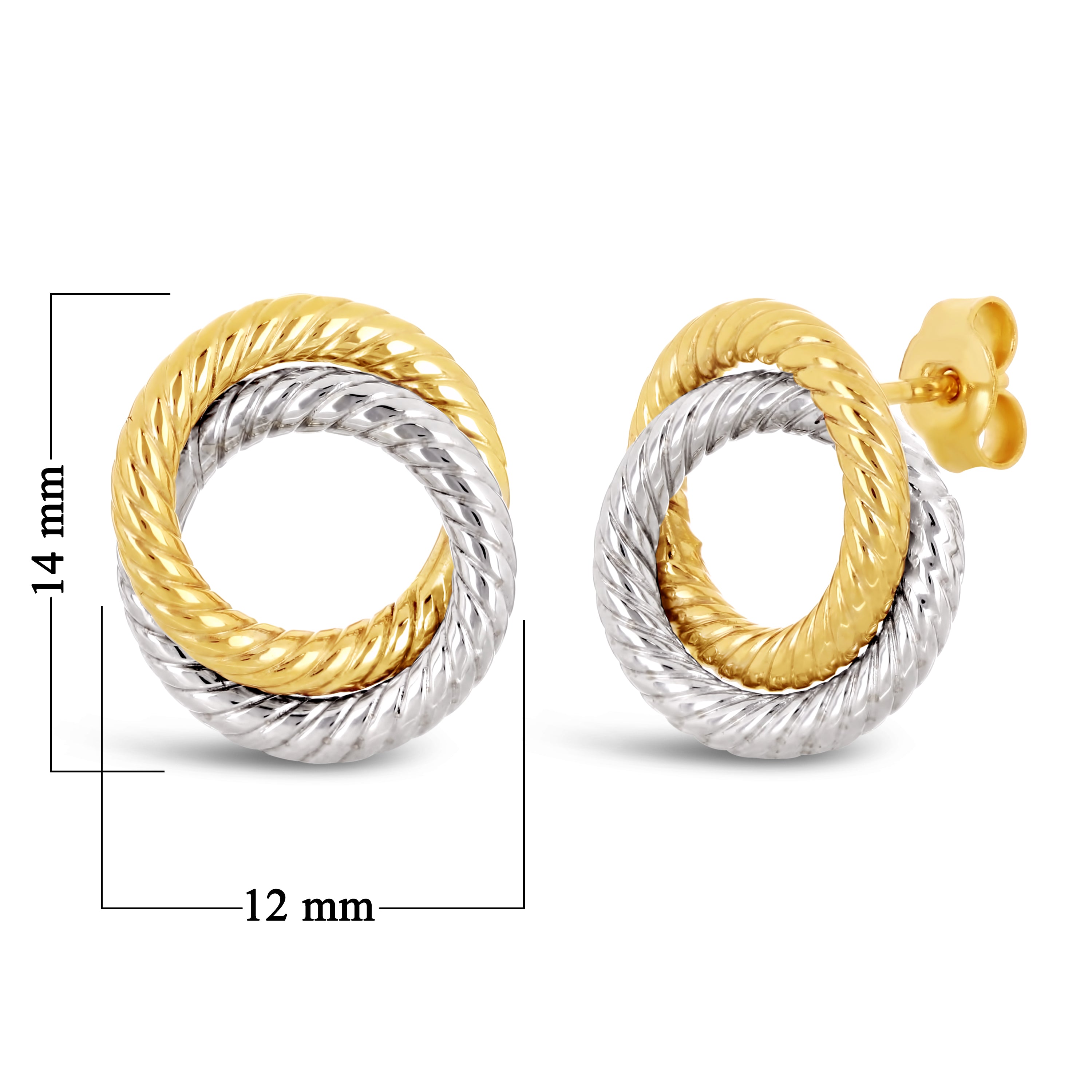 Italian 14k Yellow & White Gold Small Rope Double Eternity Circle Stud Earrings - Two-Tone Double Circle