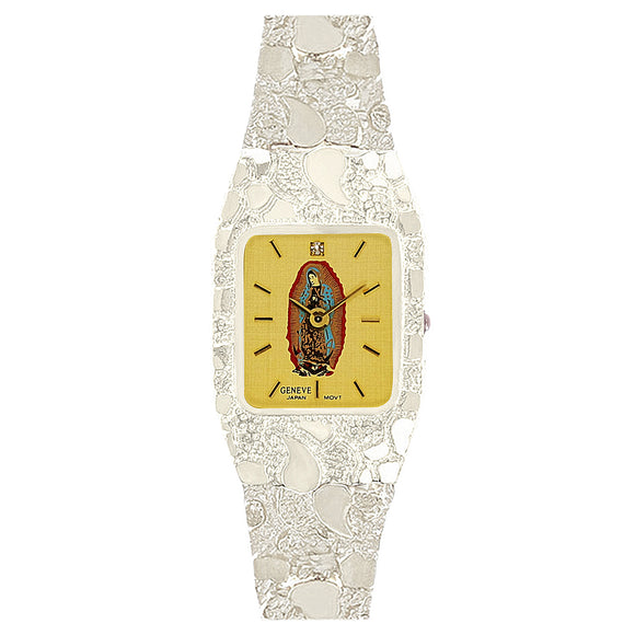 Women's Sterling Silver Nugget Link Wrist Watch Guadalupe Geneve Diamond 7.5-8