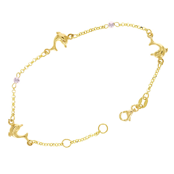 Italian 14k Two-Tone Gold Ball Bead & Dolphin Charm Bracelet 7