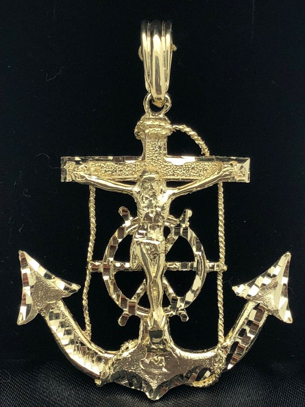 10k Yellow Gold Big Cross Jesus Crucifix Anchor Mariner Pendant 2.65" 18.6 grams