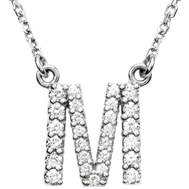 14k White Gold Diamond Initial Letter M Alphabet Rolo Pendant Necklace 18" - Letter M,White