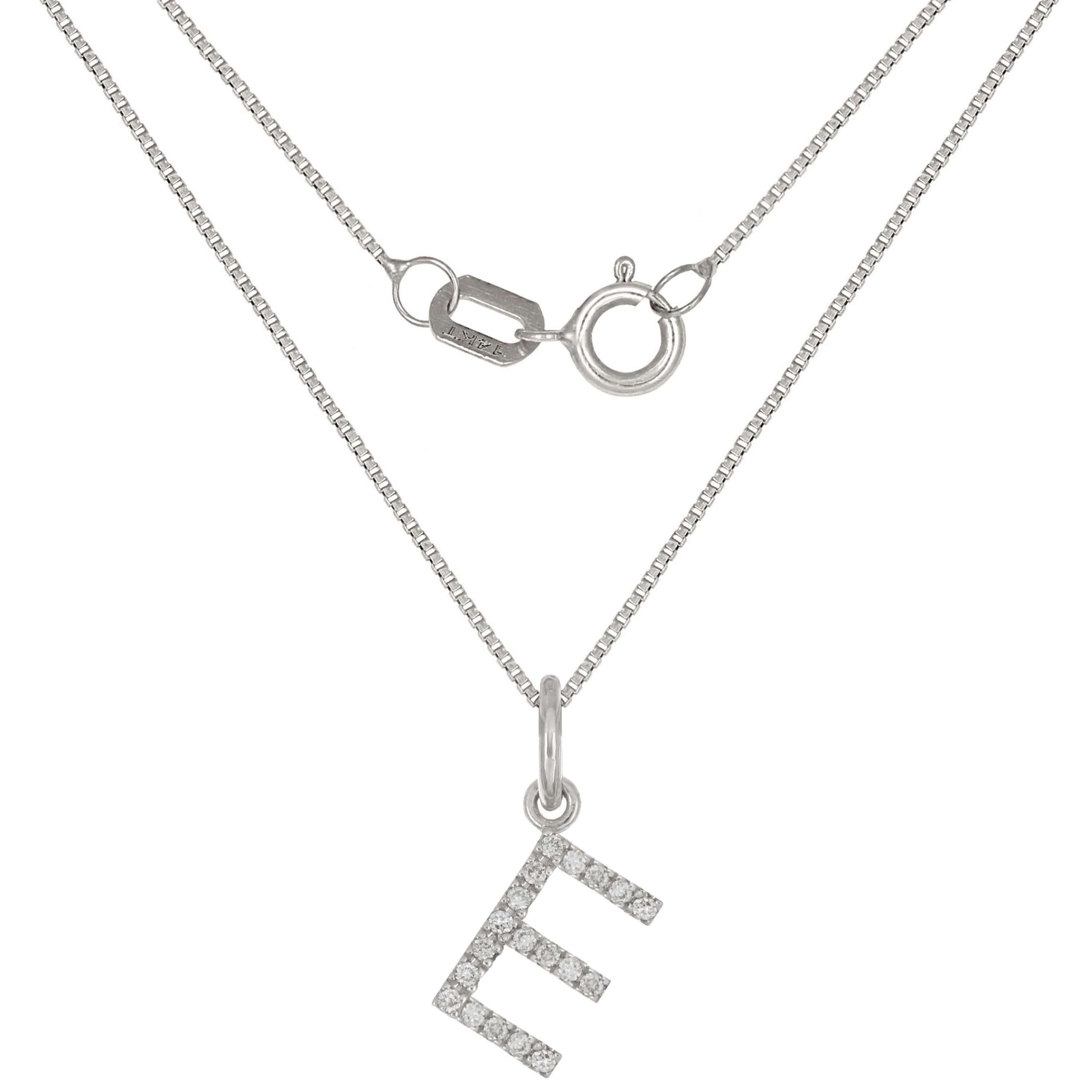 14k White Gold Diamond Initial Letter E Charm Pendant Necklace 18" - Letter E,White