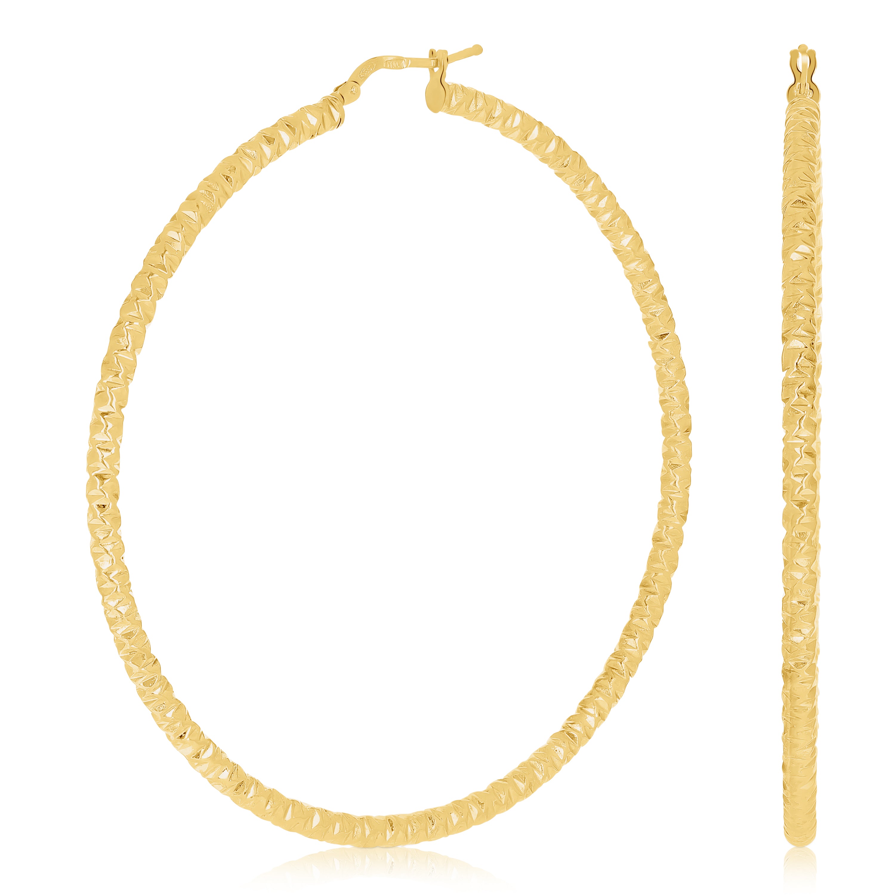 Italian 14k Yellow Gold Diamond Cut Hollow Round Hoop Earrings 2.6" 3mm 4.5grams