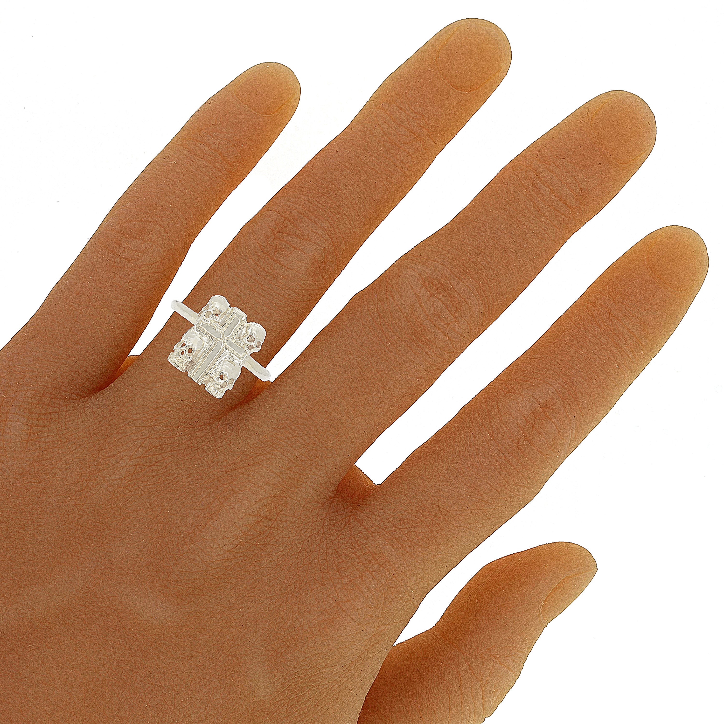 14k White Gold Fours Skulls Cross Ring