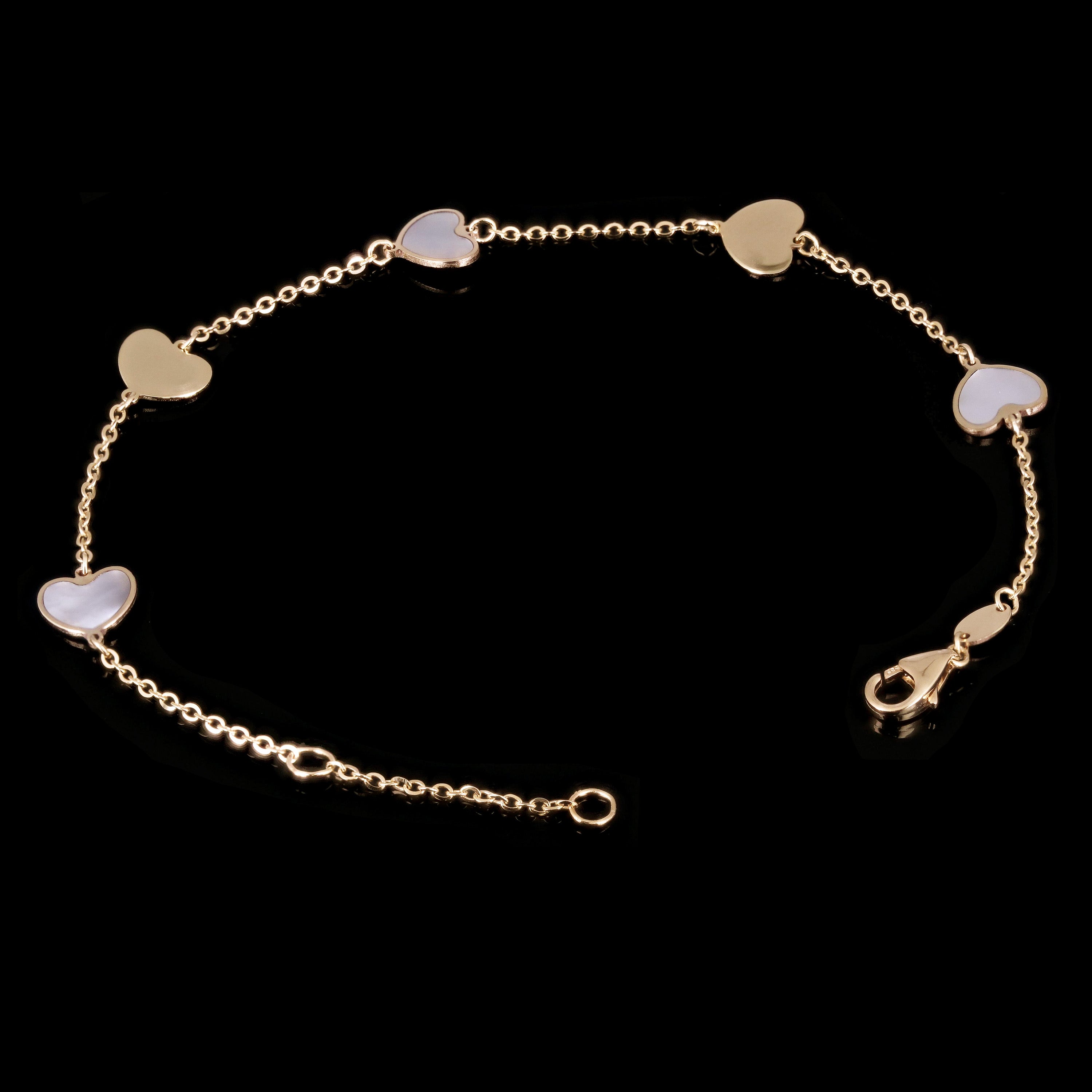 Italian 14k Yellow Gold & Mother of Pearl HEART Charm Bracelet 7" 1.5 grams