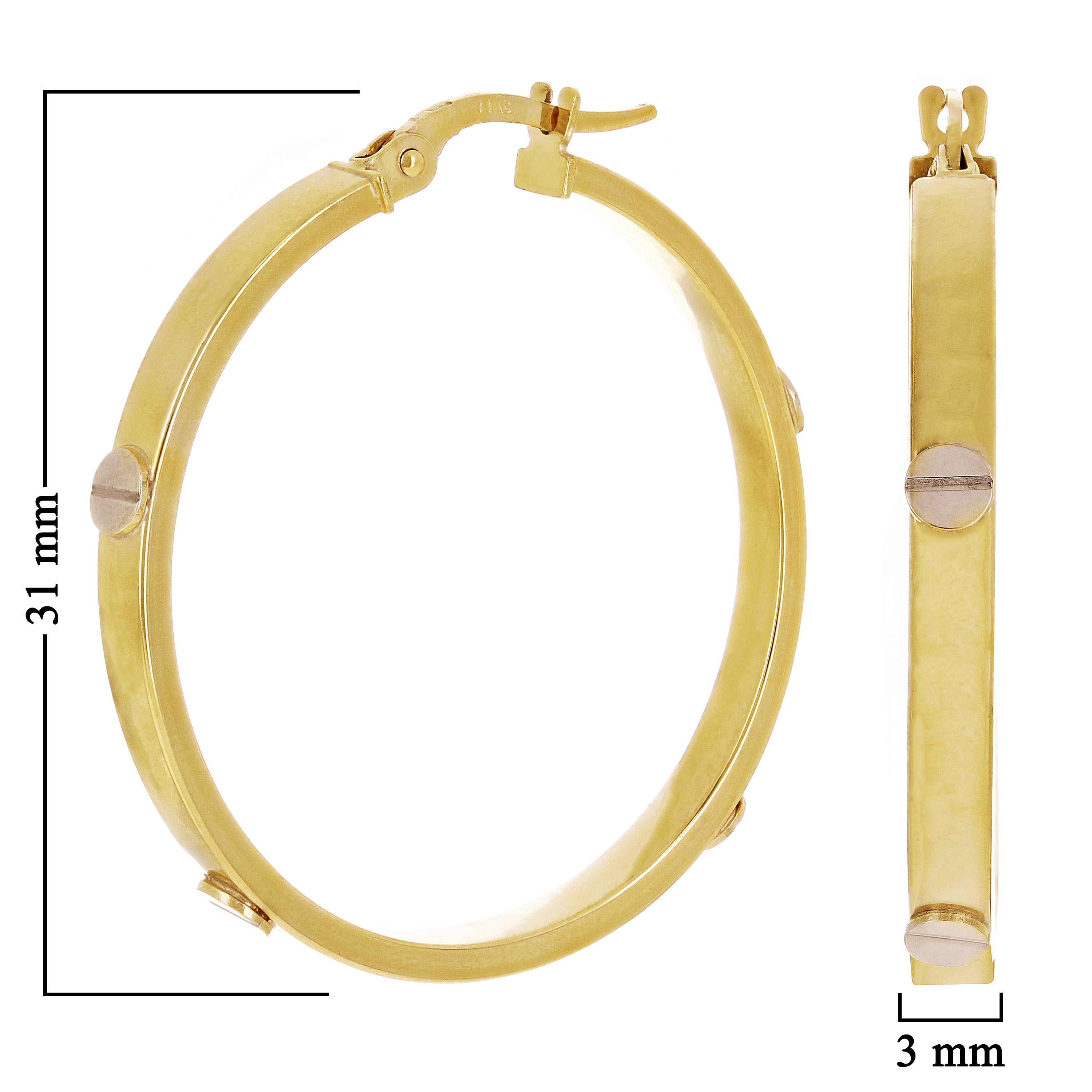 Italian 14k Two-Tone Gold Hollow Screw Design Hoop Earrings 1.2" 3mm 2.7 grams