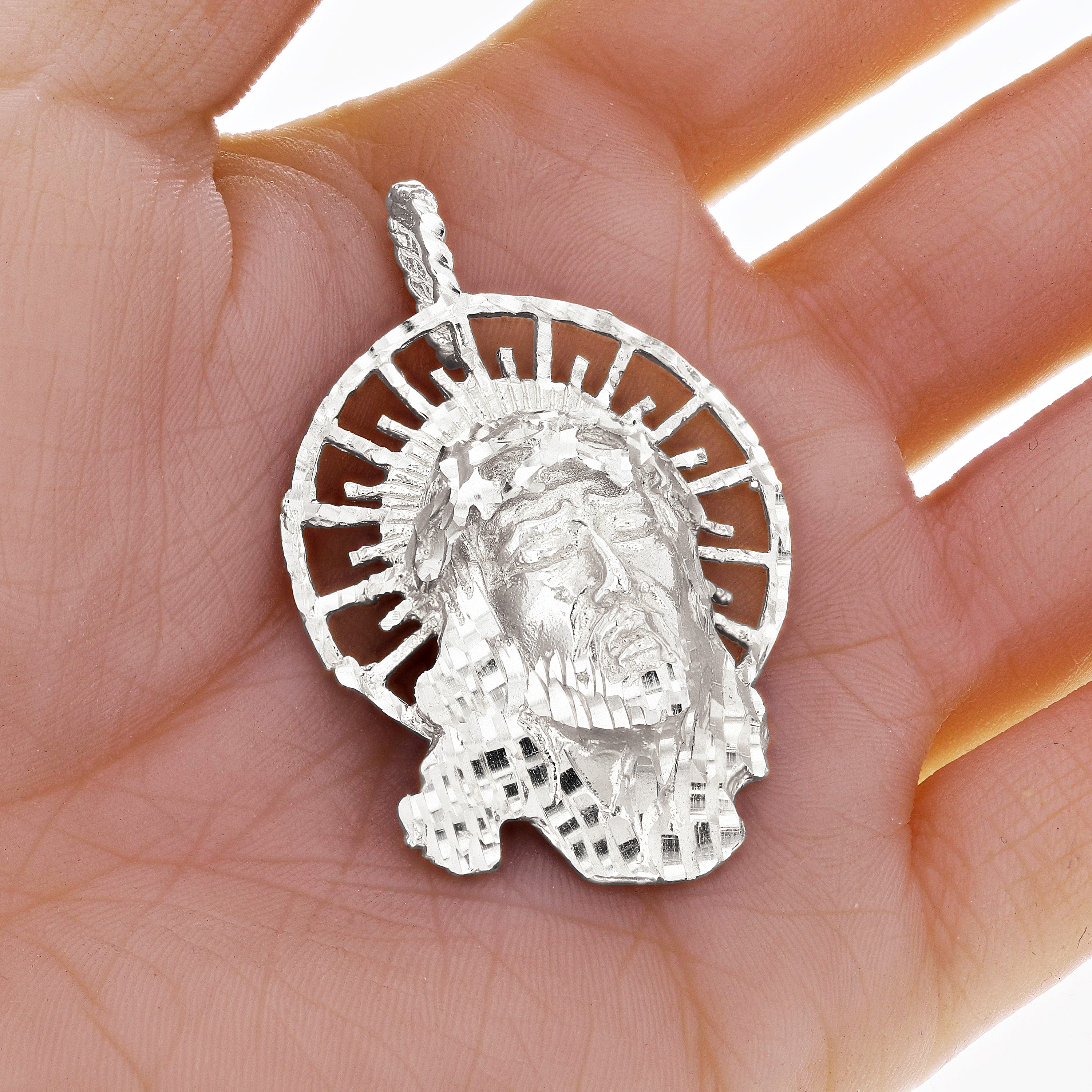 14k White Gold Diamond Cut Jesus Christ Face Religious Charm Pendant 2.1" 16.5g - White