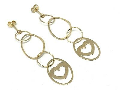 Italian 14k Yellow Gold Heart Oval Round Drop Dangle Earrings 2.4" 3.7 grams