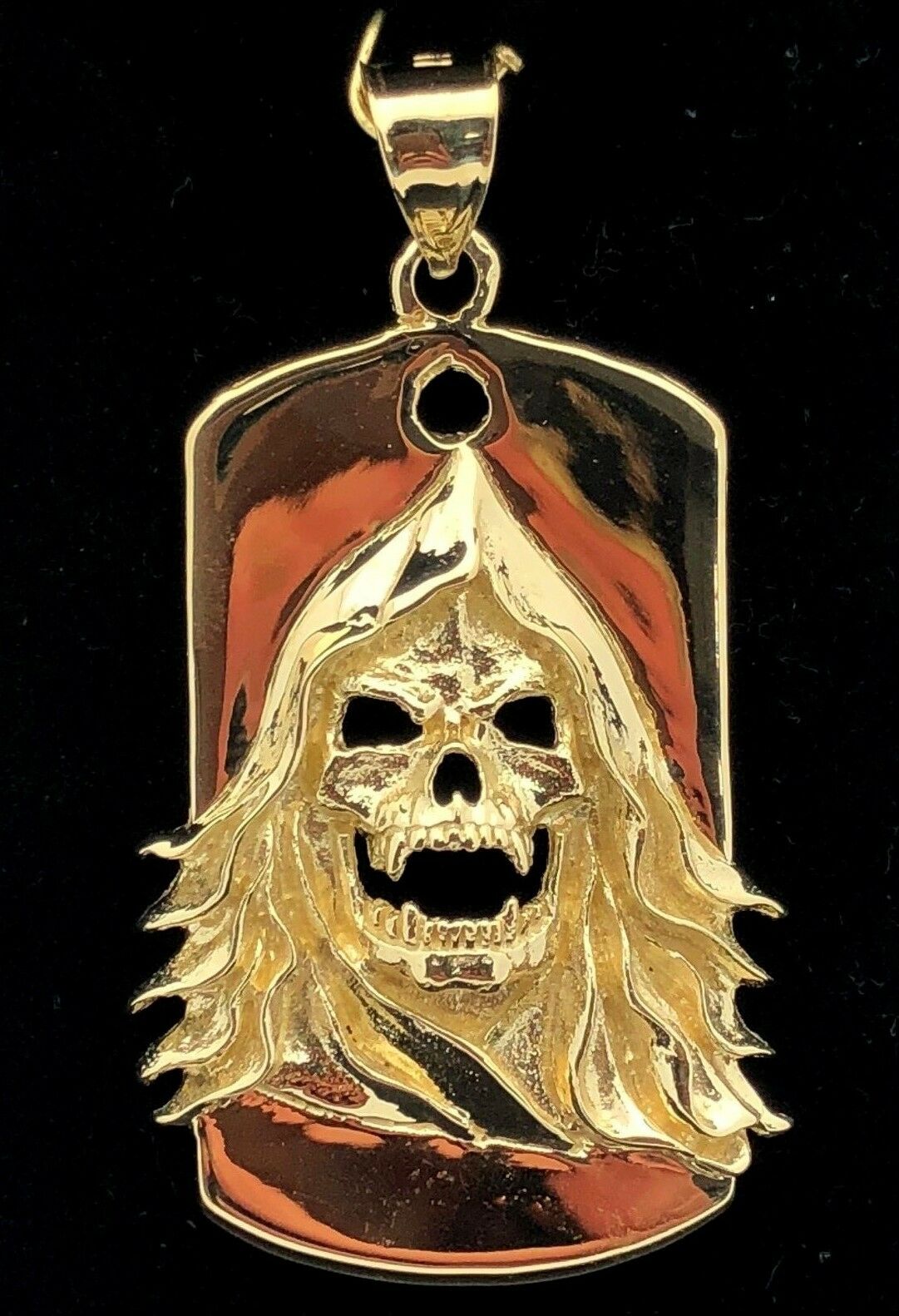 14k Yellow Gold Biker Punk Gothic Skull Face Dog Tag Pendant 13.5g