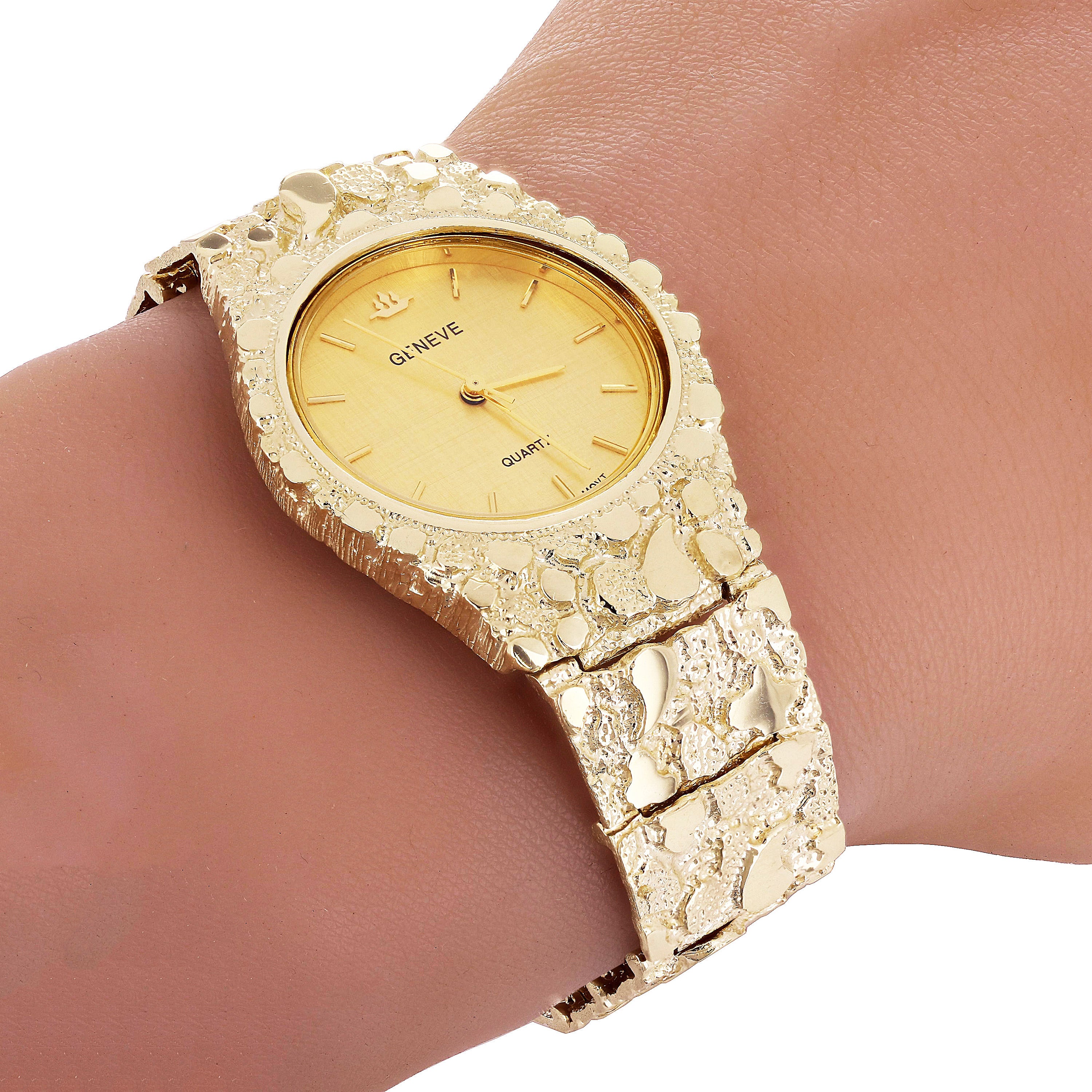 10k Yellow Gold Nugget Link Geneve Wrist Watch Straight Band Adj.7-7.5" 62.3gram - 7.5" 62.3 grams