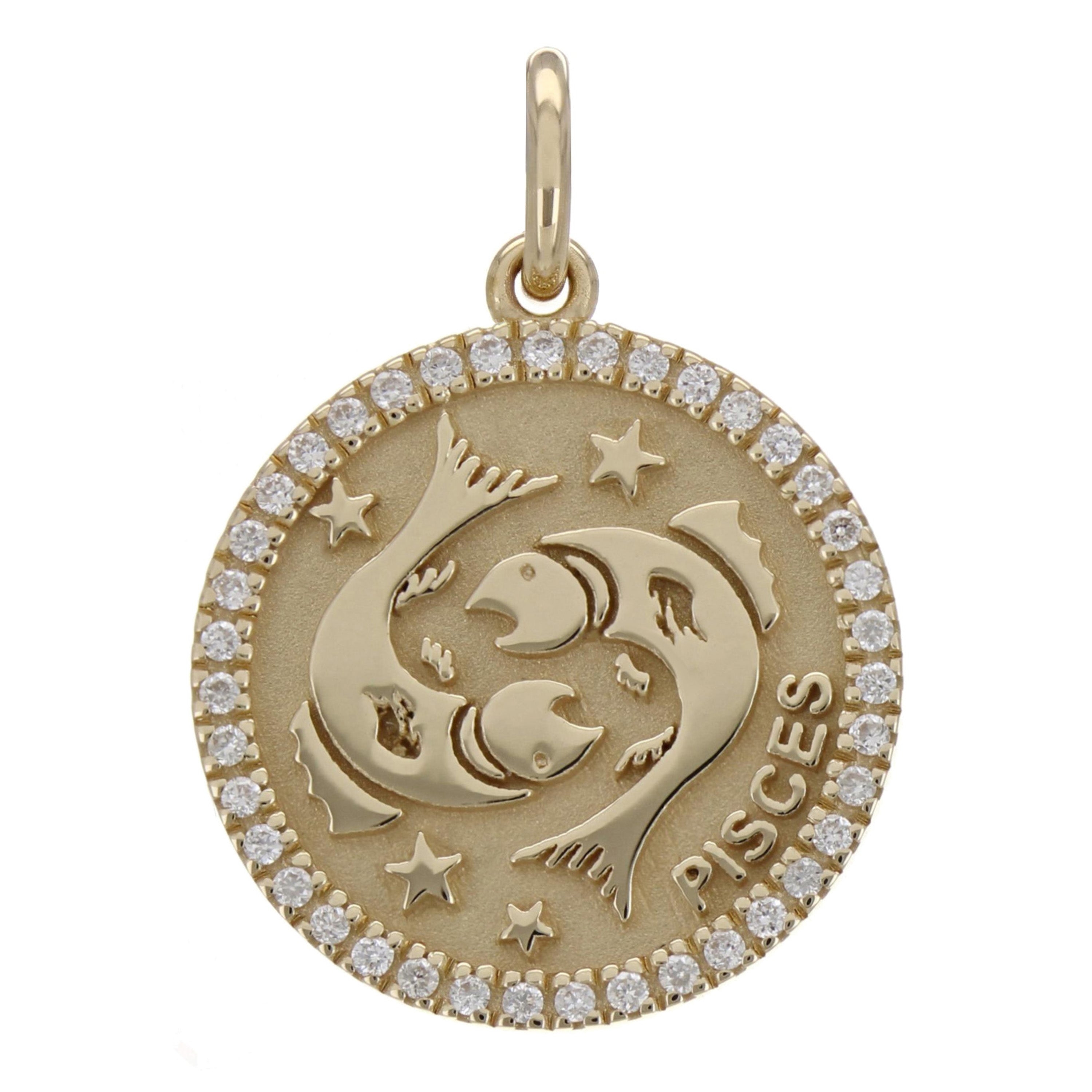 14k Yellow Gold Diamond Zodiac Sign Pisces Pendant - Pisces,Yellow