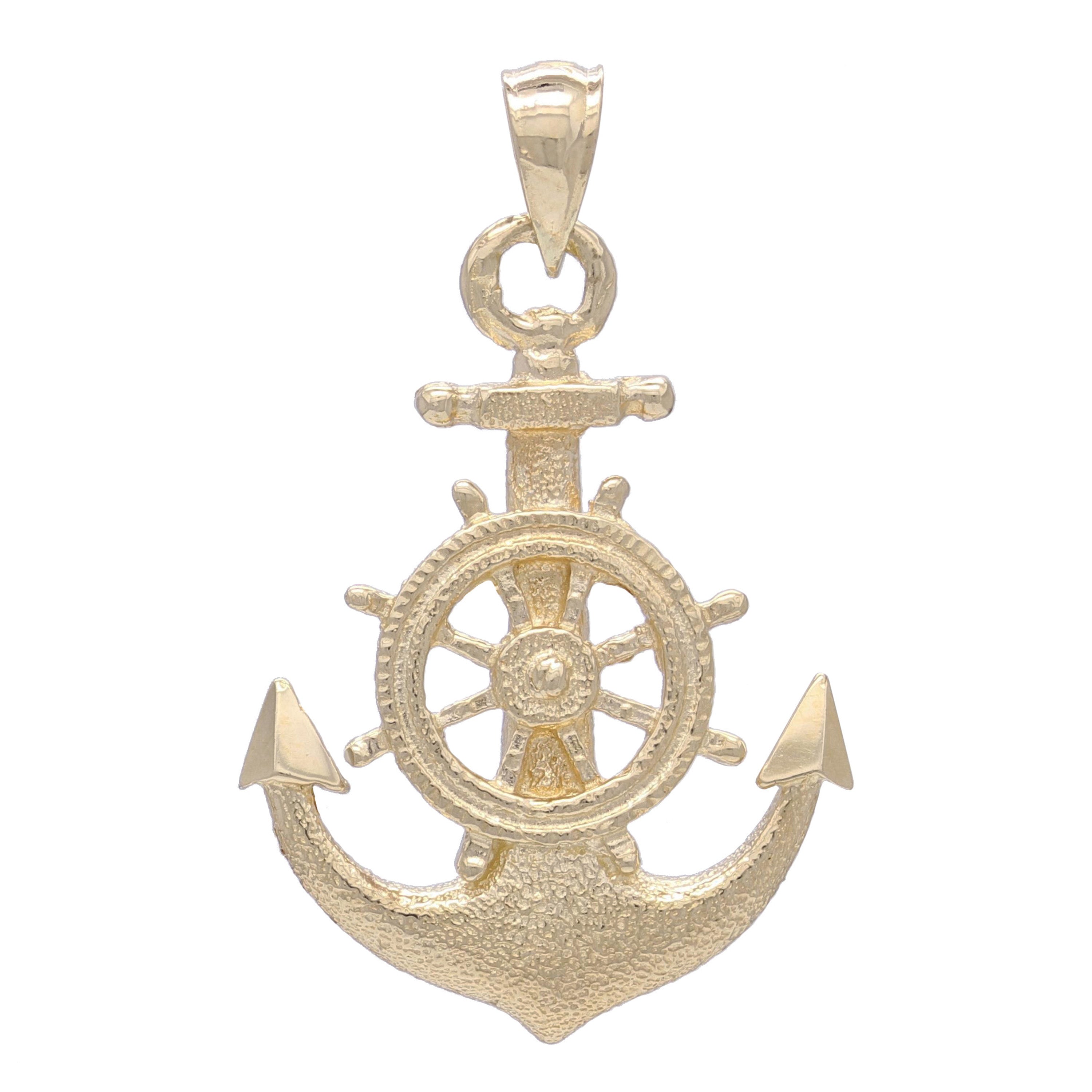 14k Yellow Gold Anchor and Ship Wheel Nautical Textured Charm Pendant - Yellow