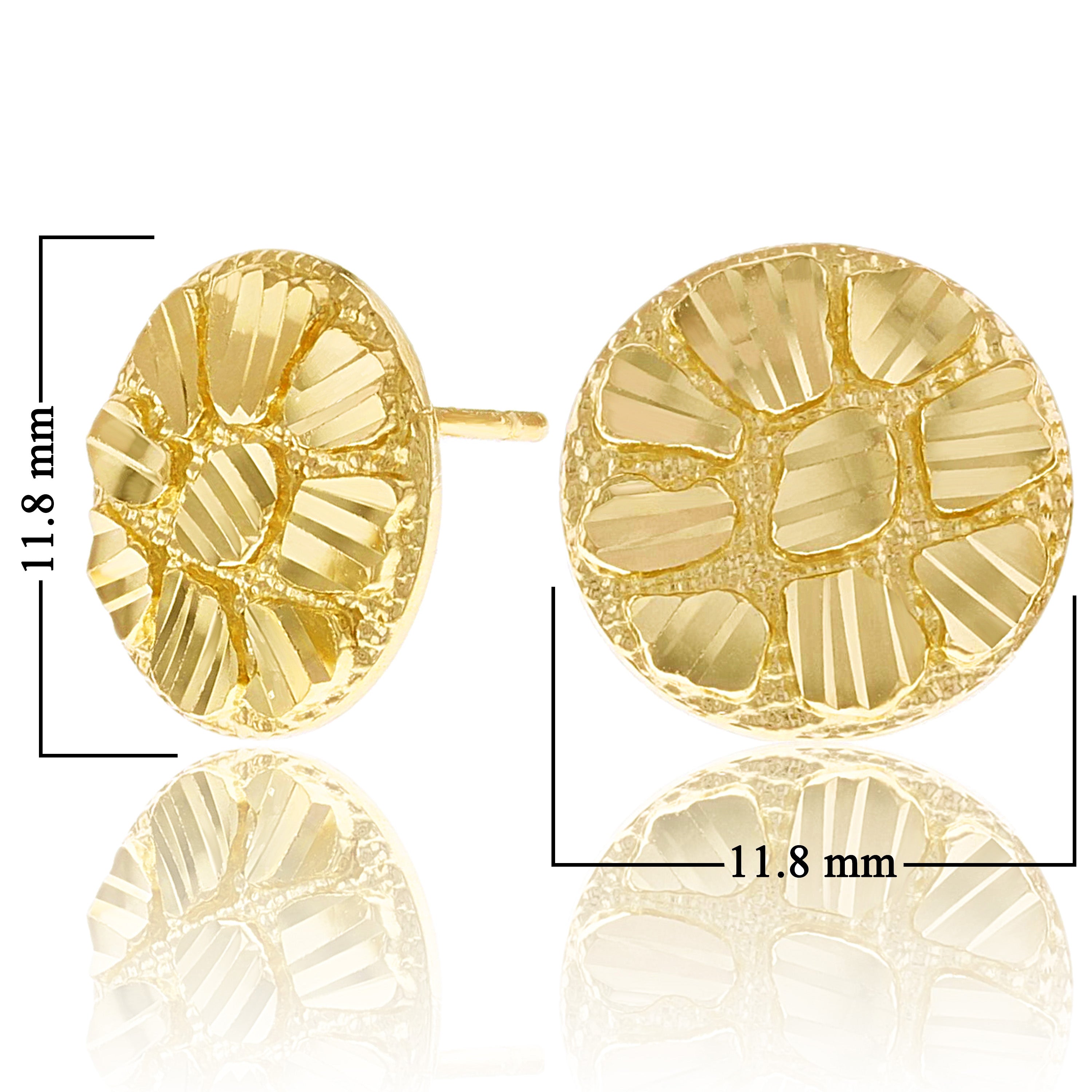10k Yellow Gold Diamond Cut Nugget Round Stud Earrings 11.8mm 1.6 grams