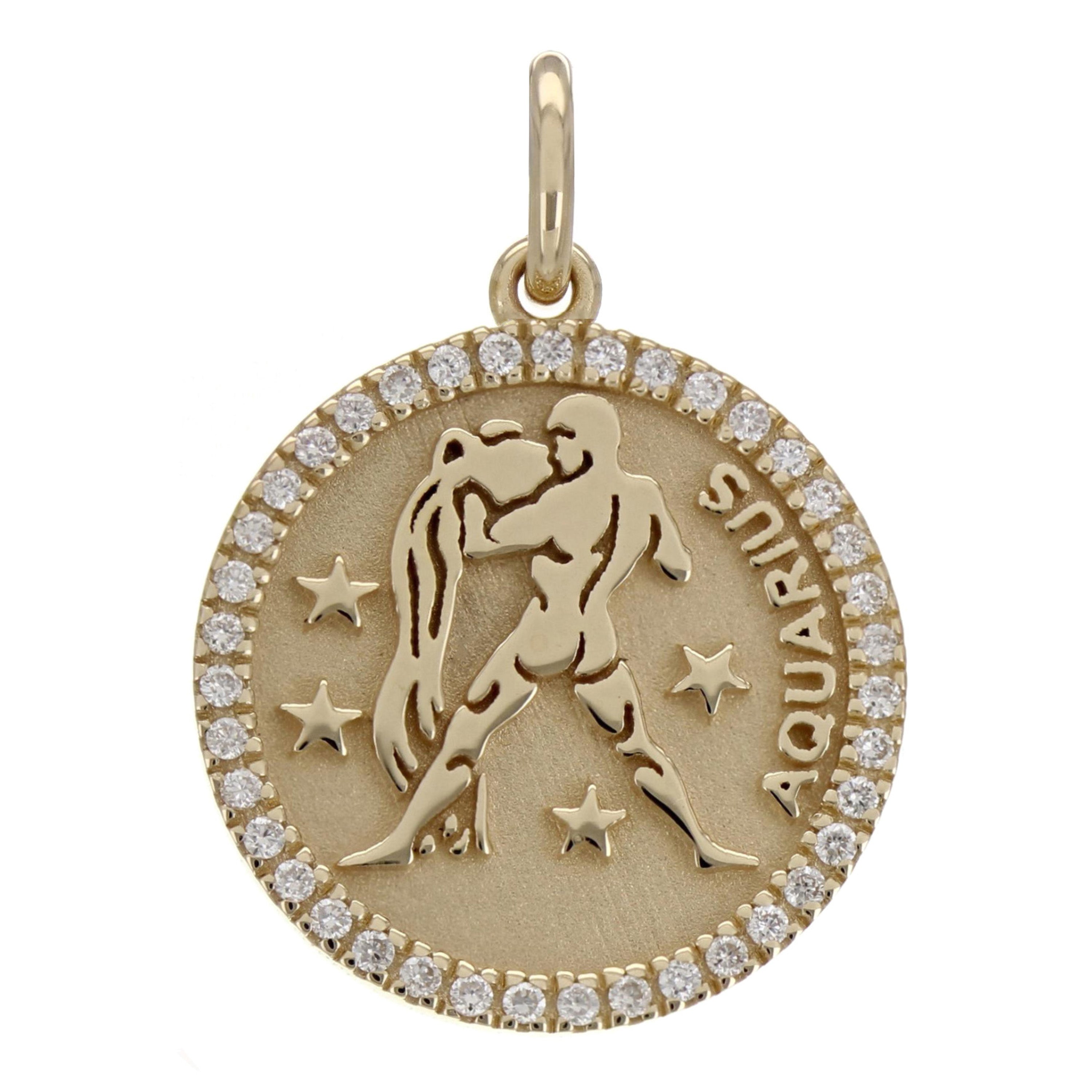 14k Yellow White or Rose Gold Diamond Zodiac Sign Charm Pendant - Aquarius,Yellow